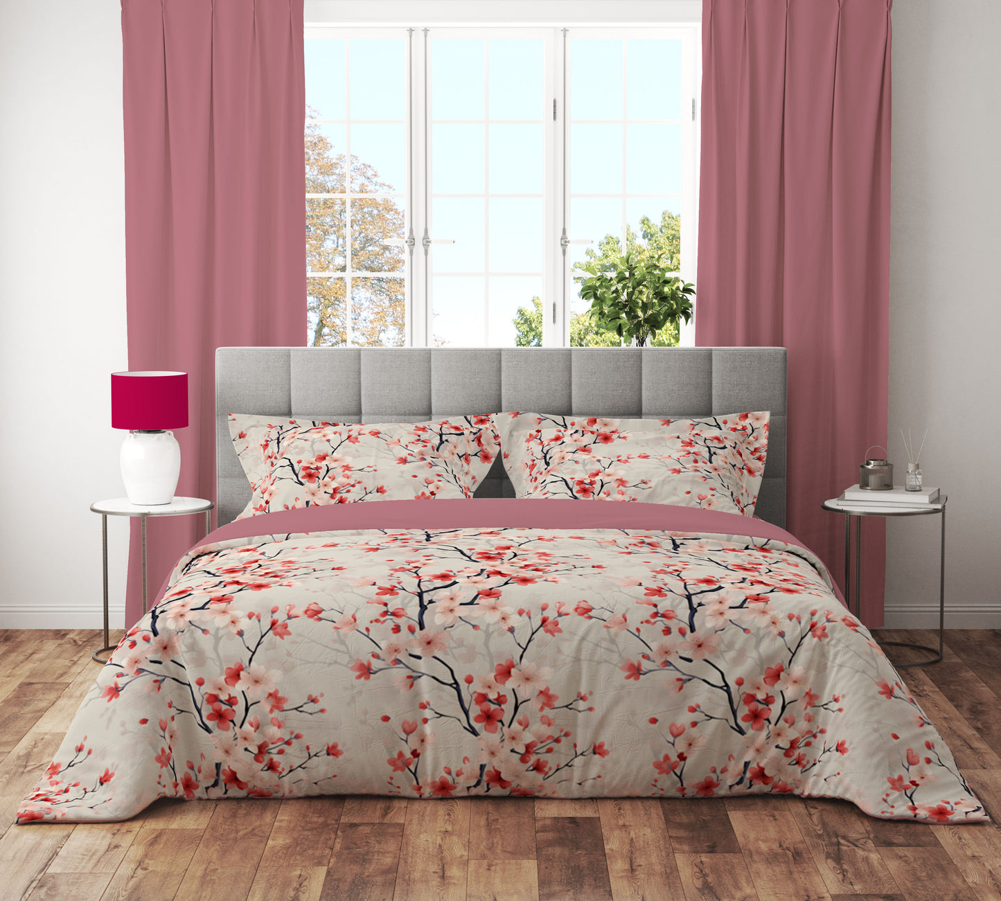 Red Cherry Blossom Floral Quilt Cover Set - Adore India