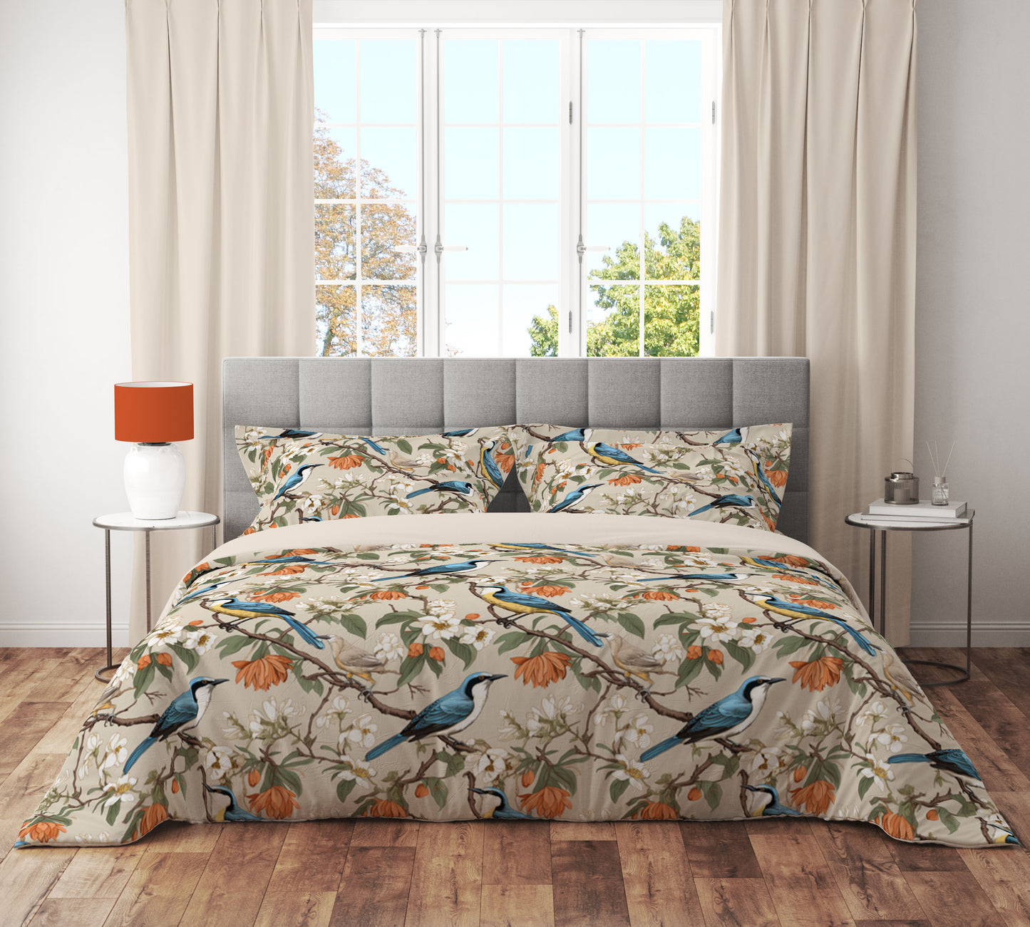 Golden Blue Bird Floral Petal Quilt Cover Set - Adore India