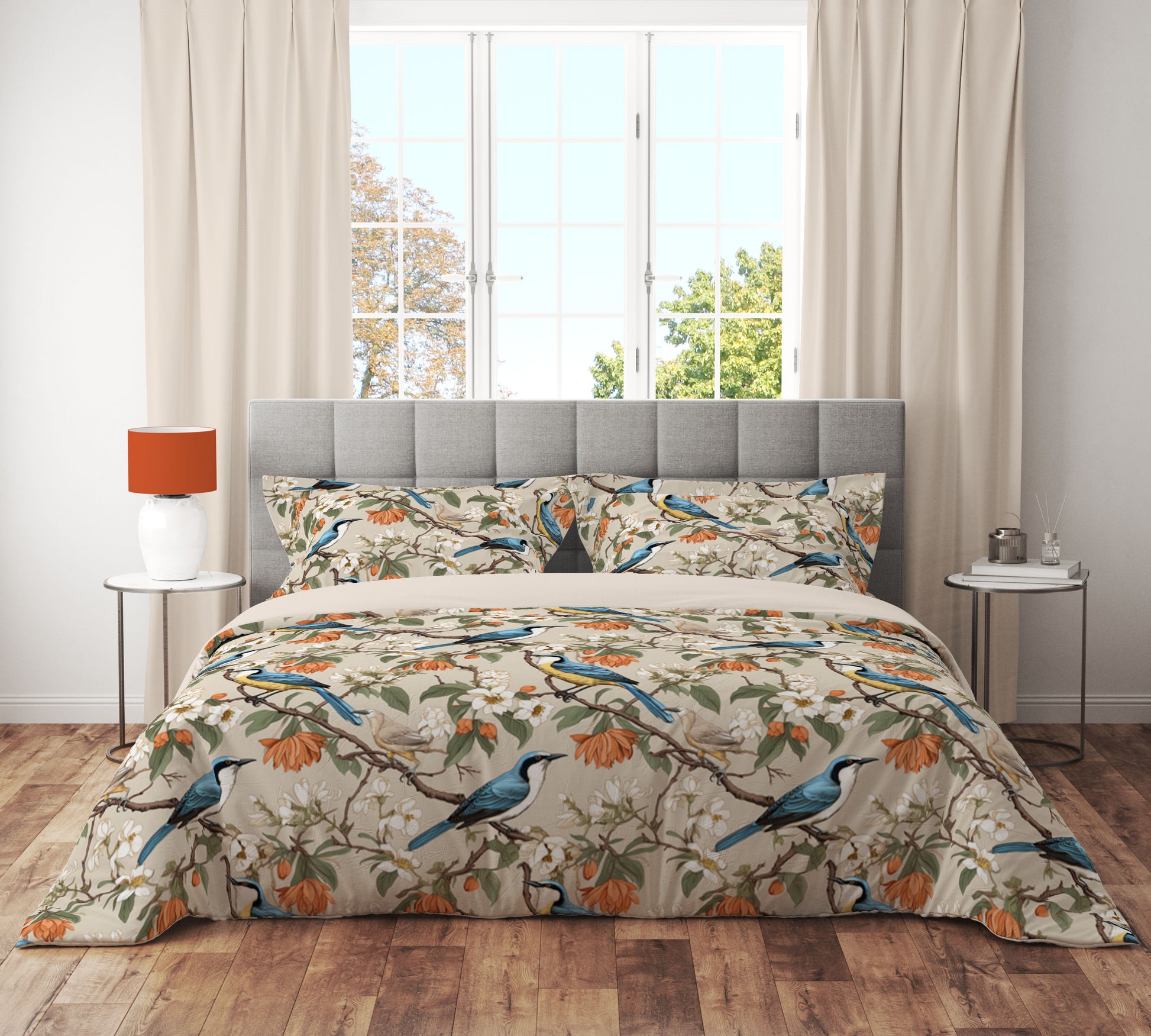 Golden Blue Bird Floral Petal Quilt Cover Set - Adore India