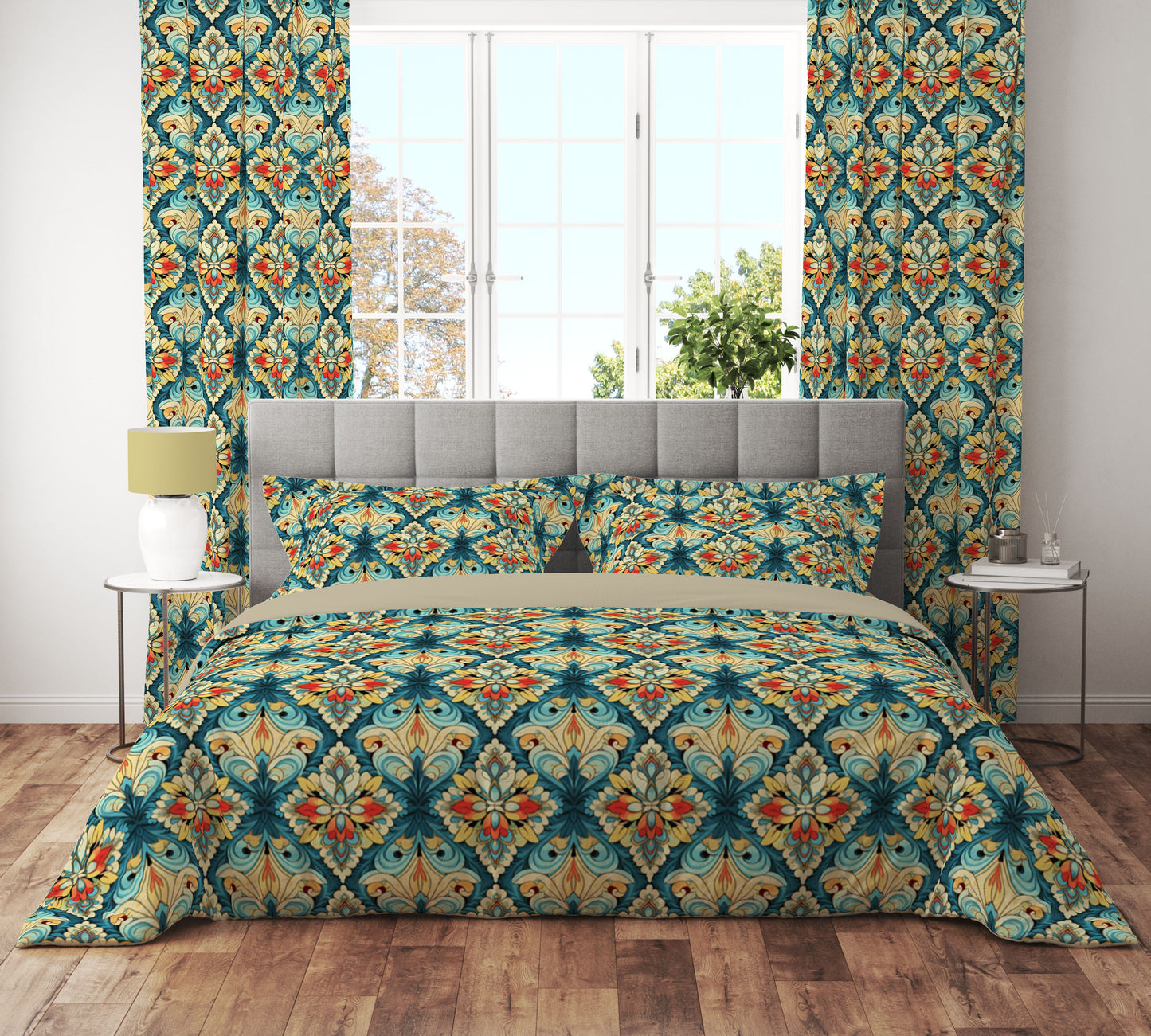 Royal Teal Gold Floral Reversible Quilt Cover Set - Adore India