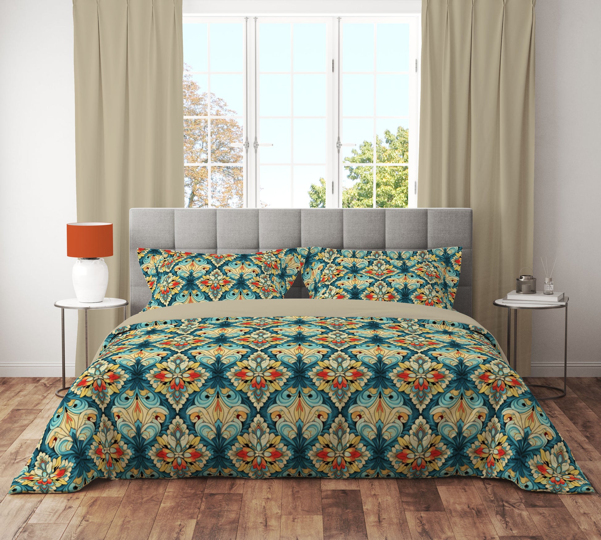 Royal Teal Gold Floral Reversible Quilt Cover Set - Adore India