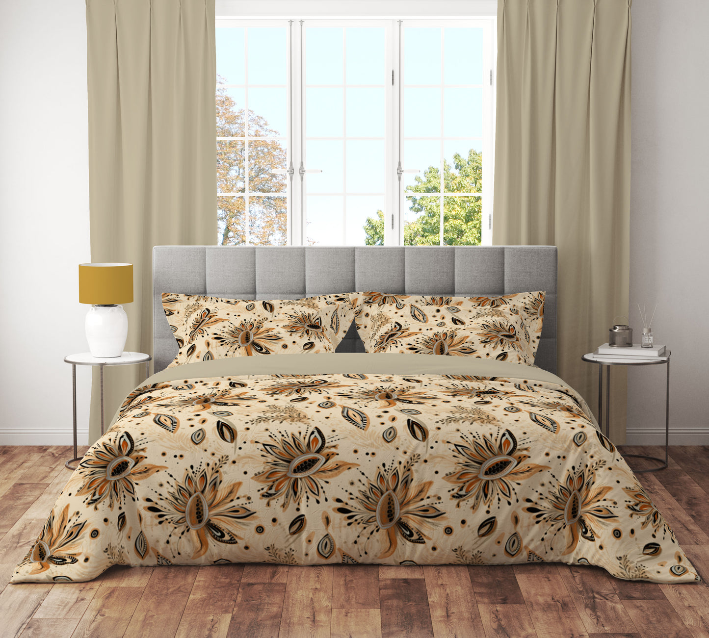 Papaya Leaf Floral Reversible Quilt Cover Set - Adore India