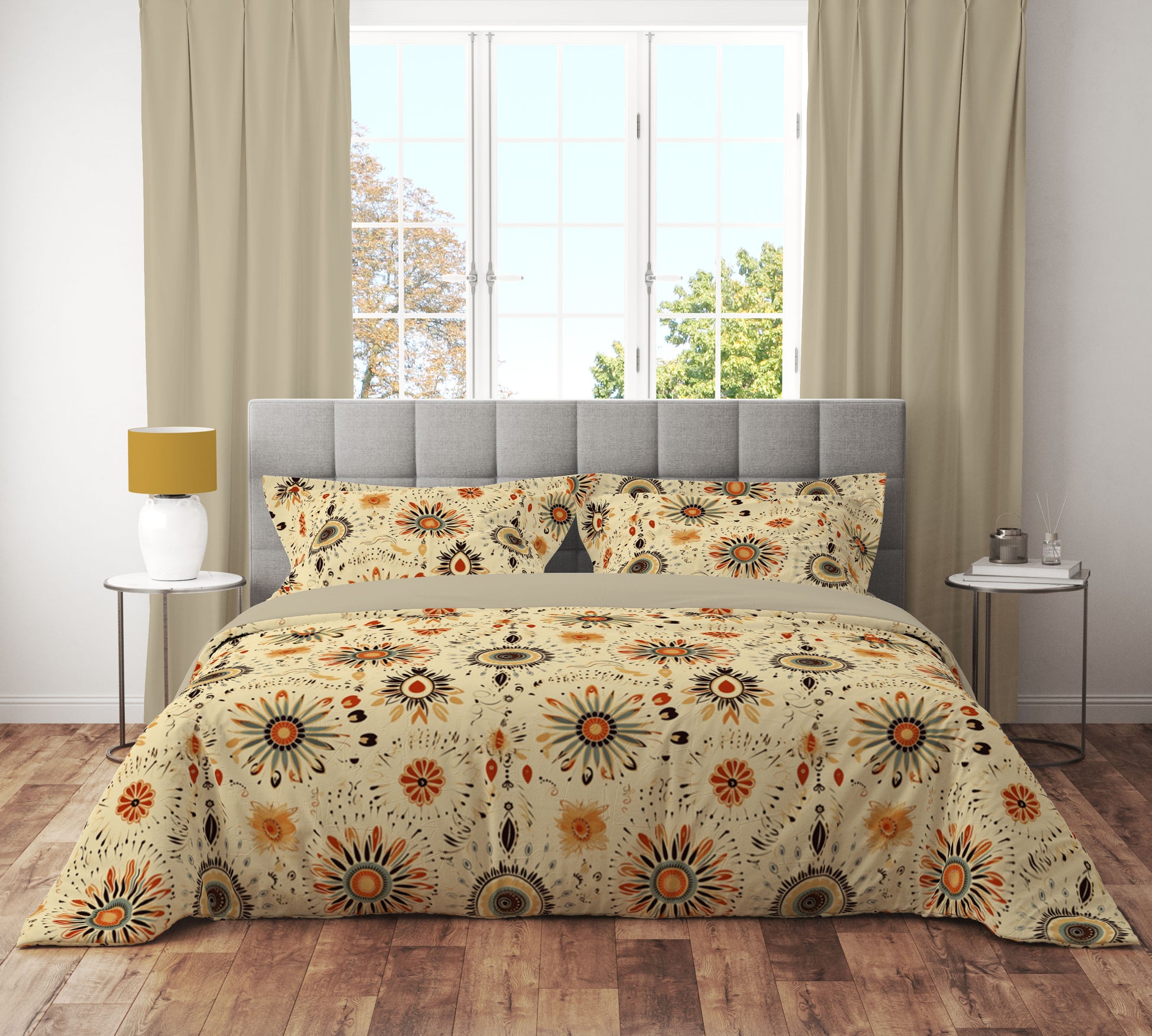 Vintage Gold Floral Reversible Quilt Cover Set - Adore India