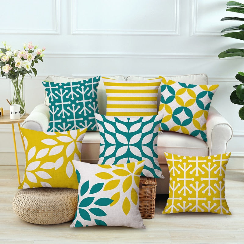 Nordic Yellow Green Geometric Print Cushion Cover - Adore India