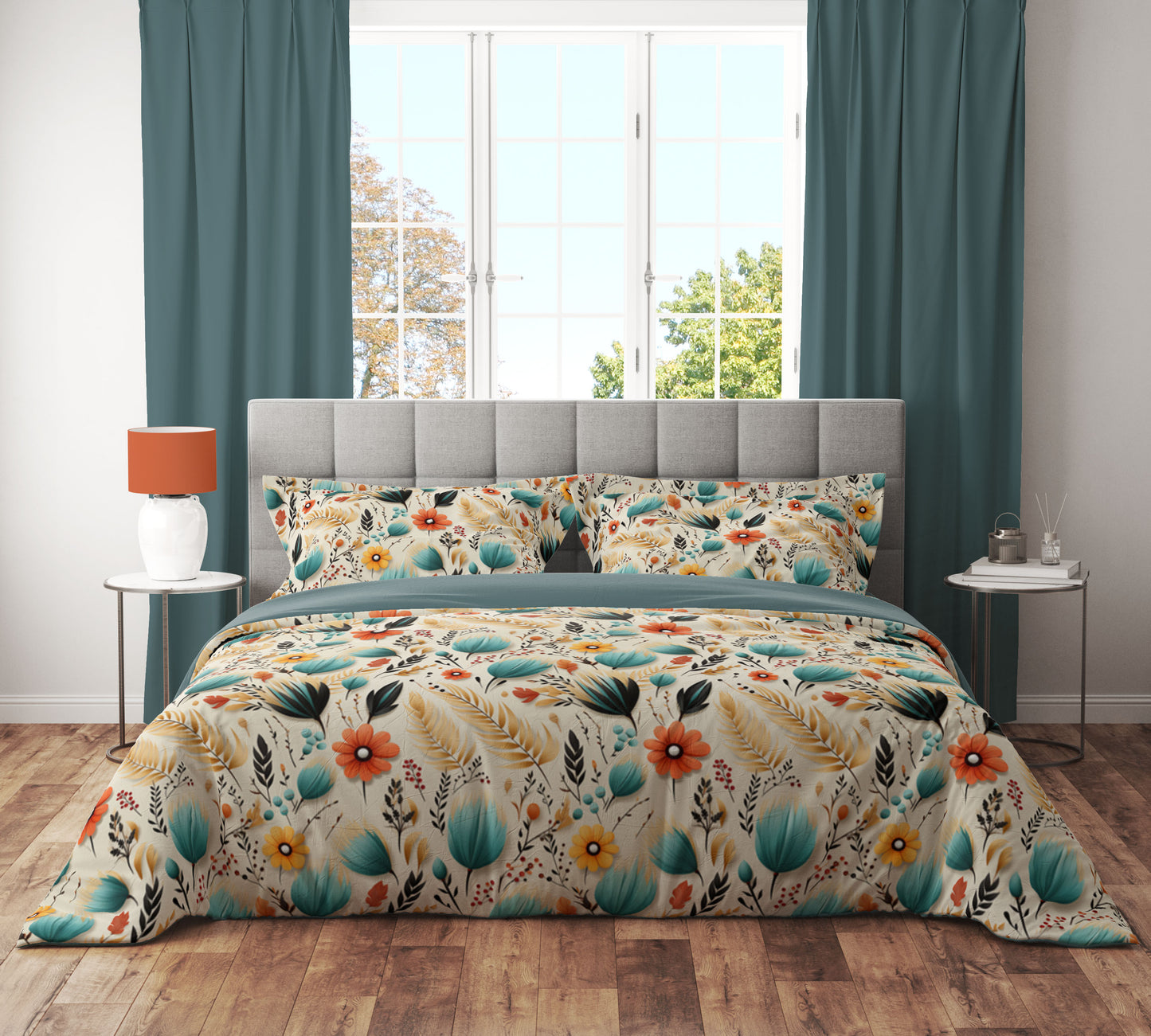 Teal Bohemian Leaf Petal Colourful Quilt Cover Set - Adore India