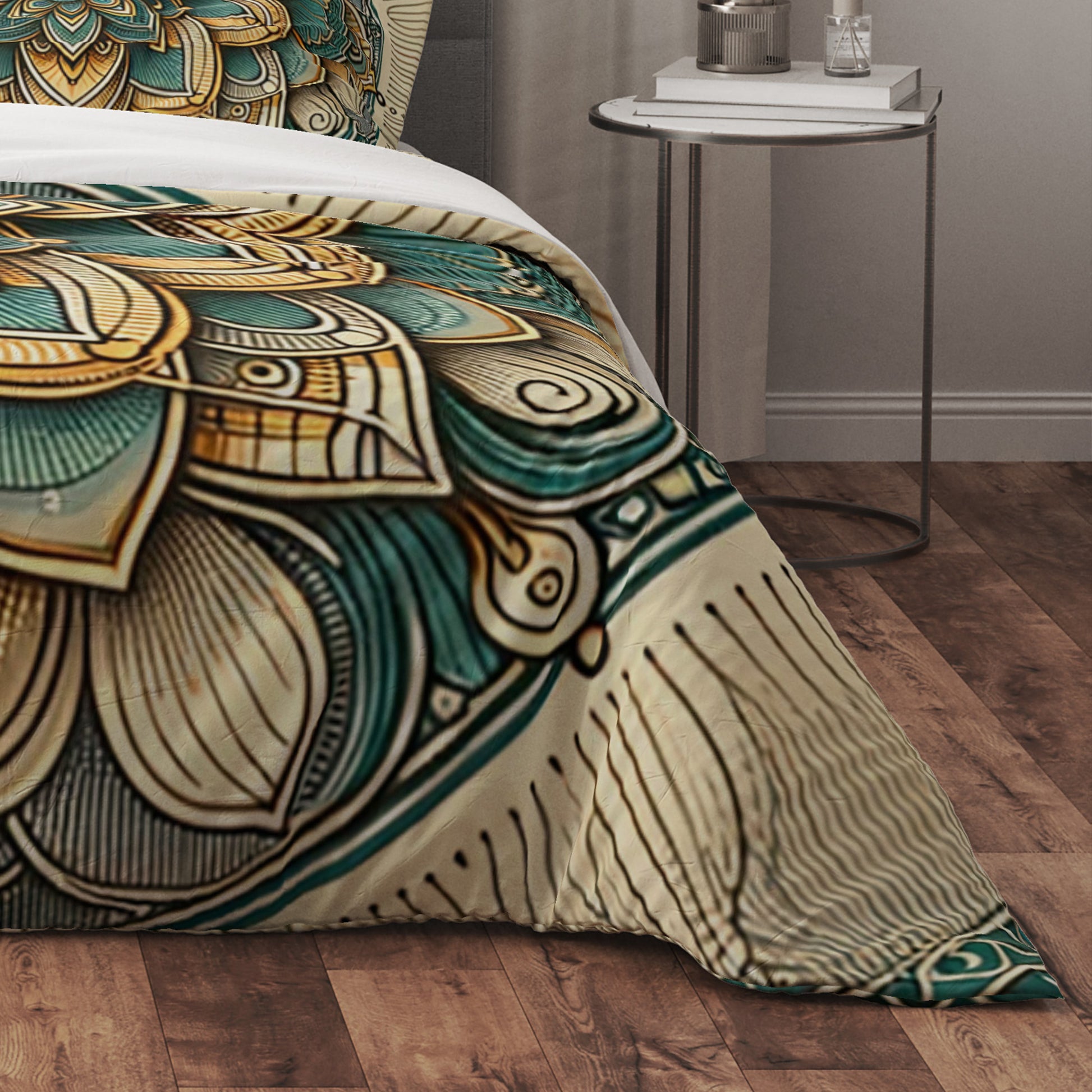 Golden Floral Indian Mandala Reversible Quilt Cover Duvet Cover Set - Adore India