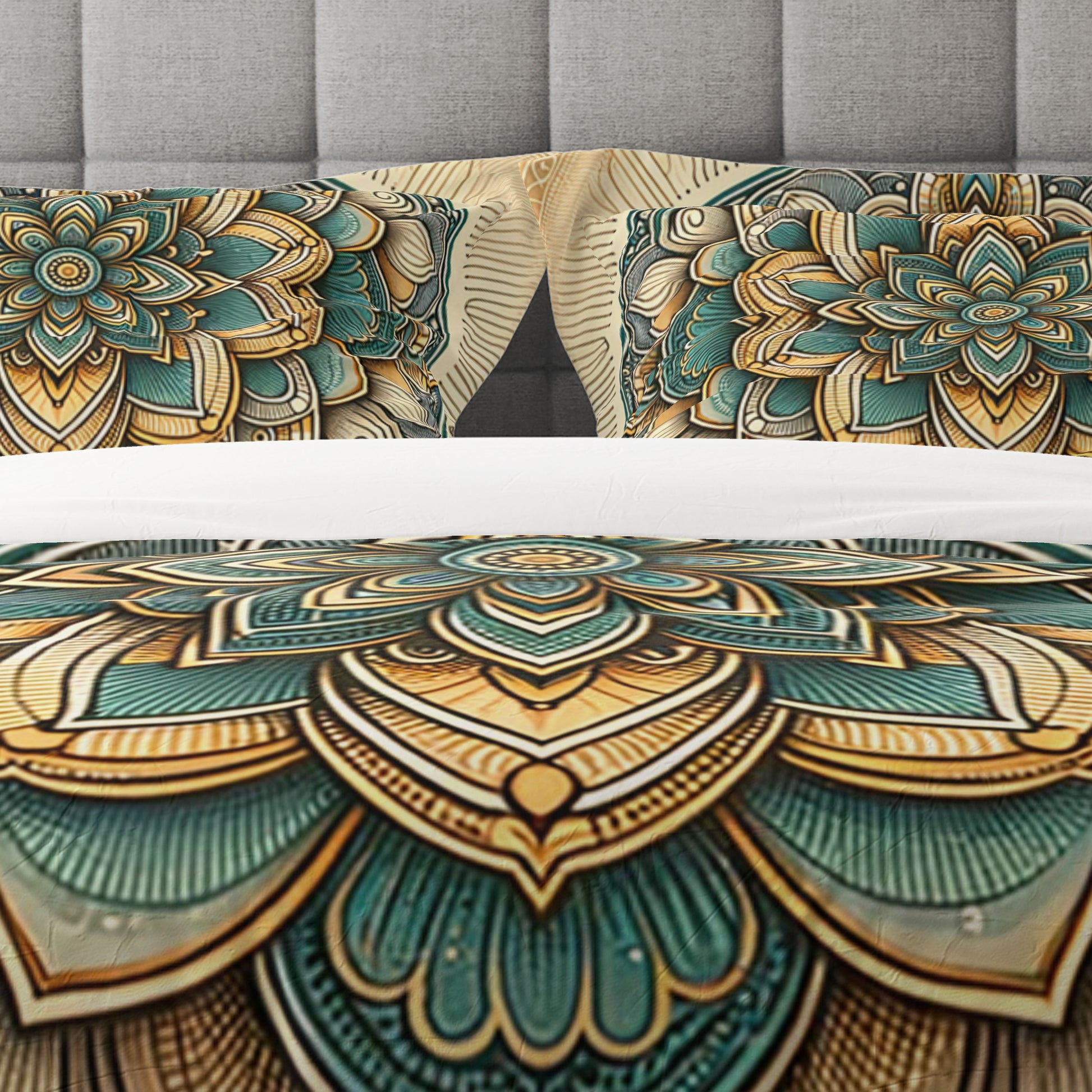 Golden Floral Indian Mandala Reversible Quilt Cover Duvet Cover Set - Adore India