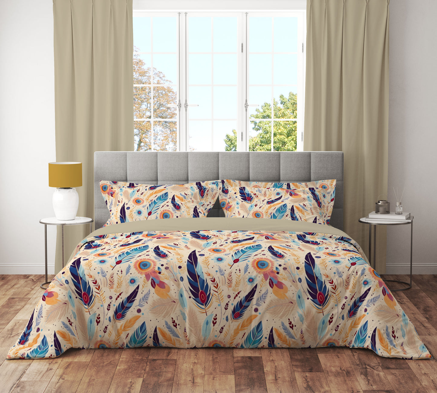 Boho Feather Red Floral Reversible Quilt Cover Set - Adore India