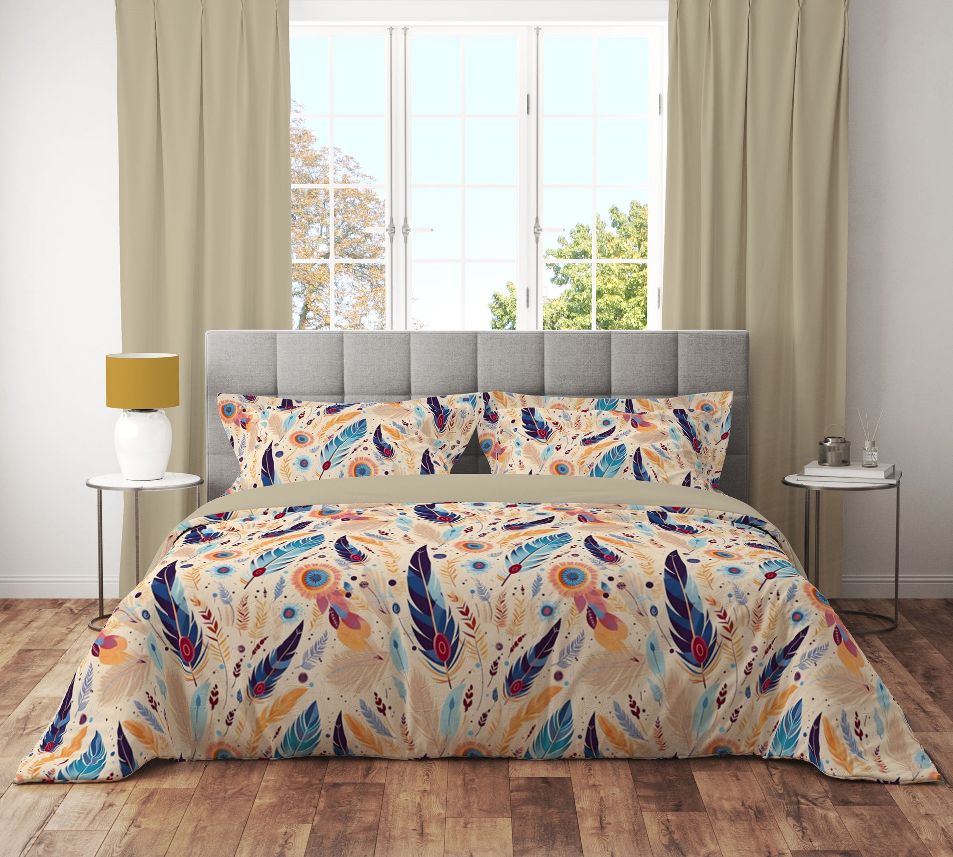 Boho Feather Red Floral Reversible Quilt Cover Set - Adore India
