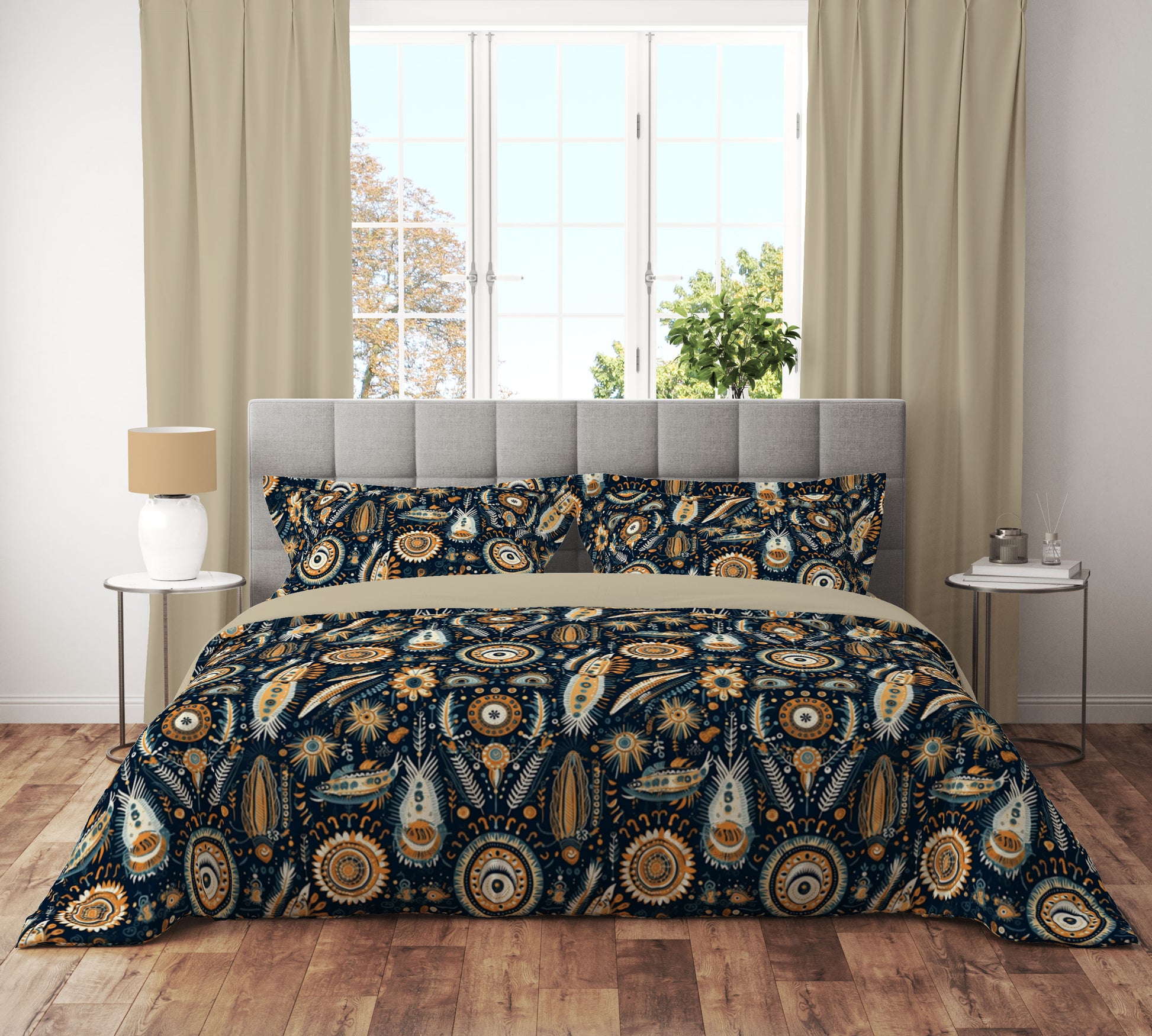 Vintage Boho Eye Black Floral Petal Reversible Quilt Cover Set - Adore India