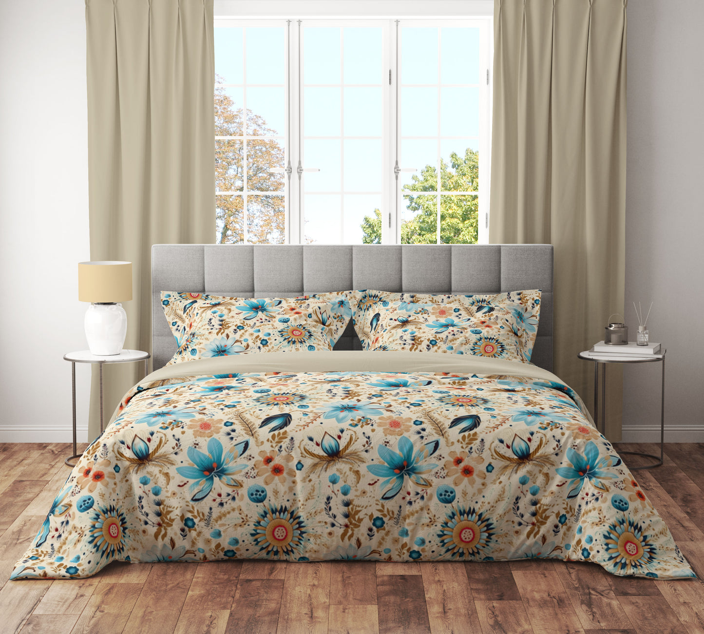 Vintage Teal Floral Reversible Quilt Cover Set - Adore India