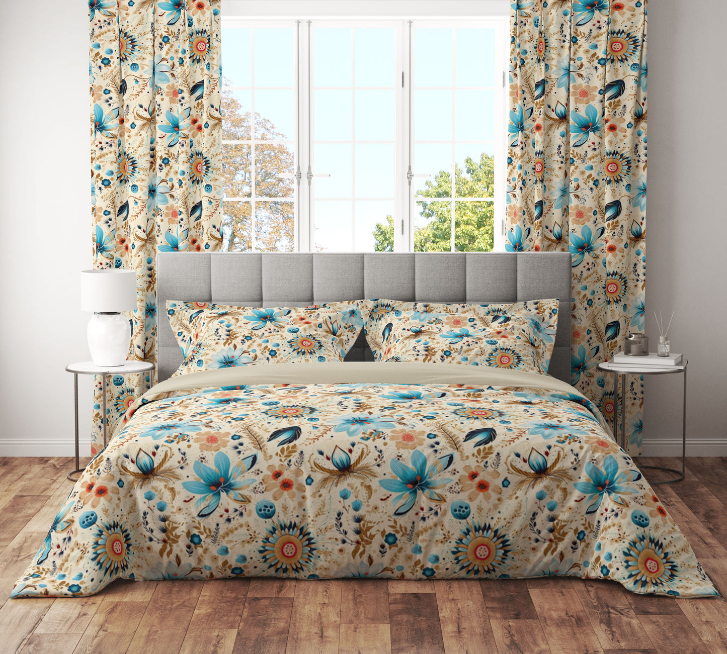 Vintage Teal Floral Reversible Quilt Cover Set - Adore India