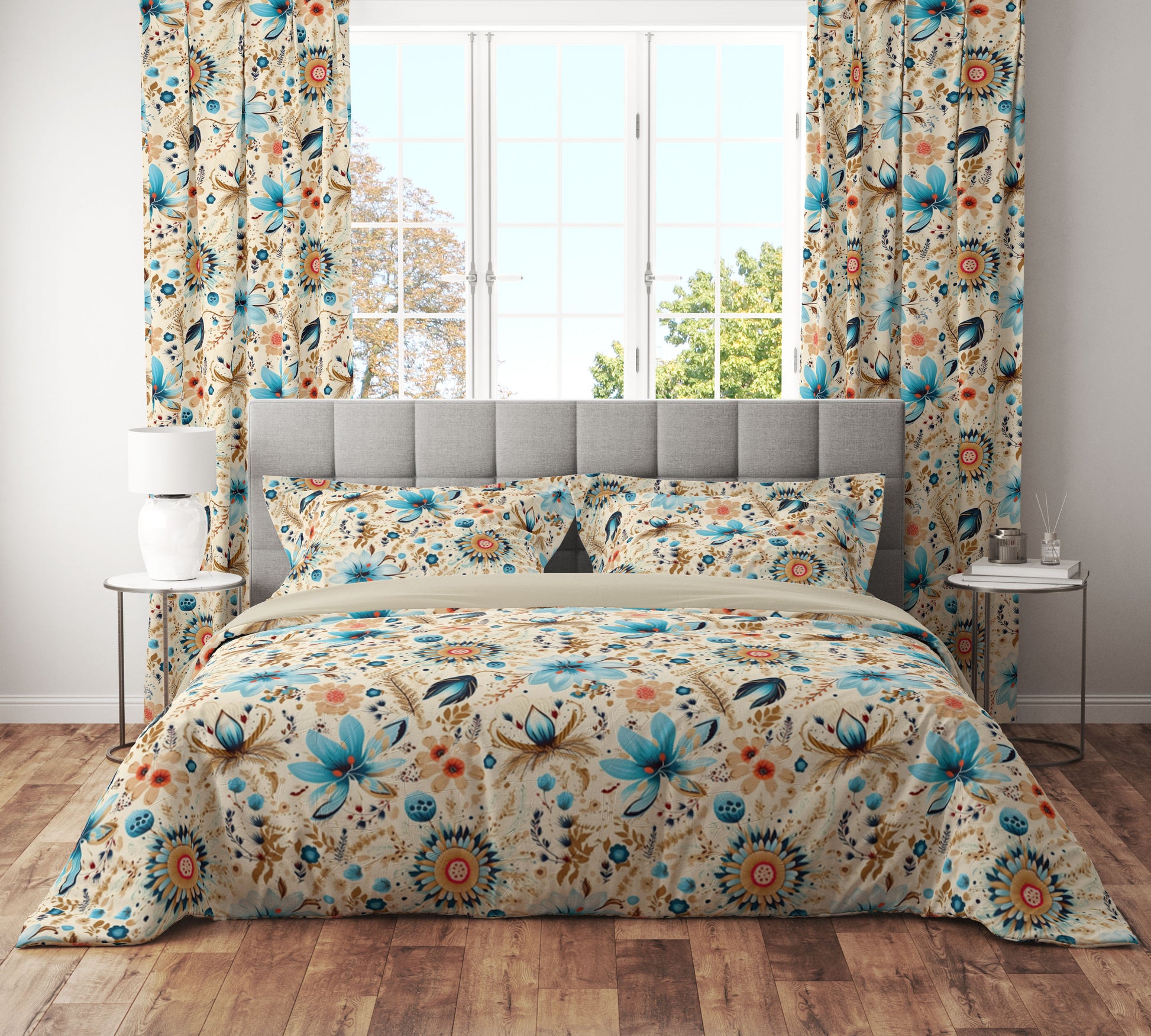 Vintage Teal Floral Reversible Quilt Cover Set - Adore India