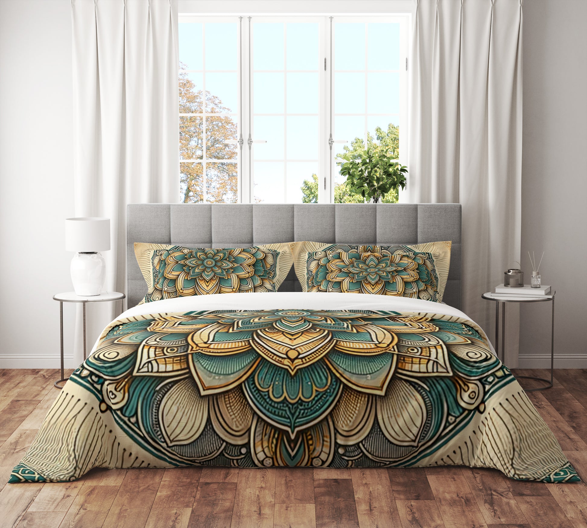 Golden Floral Indian Mandala Reversible Quilt Cover Duvet Cover Set - Adore India