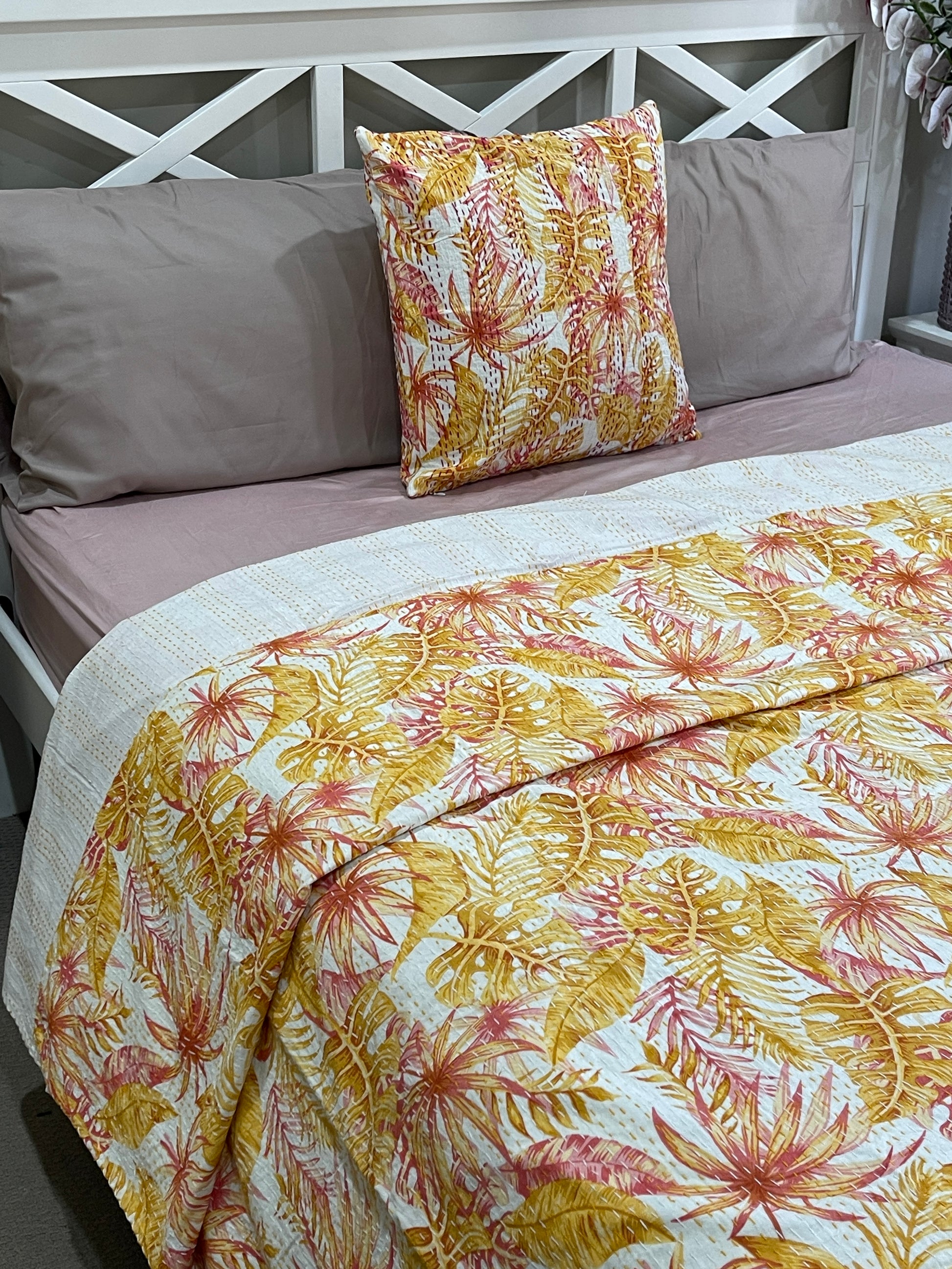 Indian Handmade Reversible Cotton Kantha Quilt - Adore India