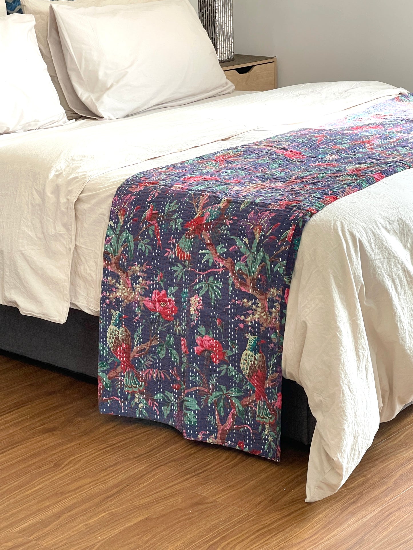 Handmade Blue Bird of Prey Cotton Reversible Kantha Quilt Bedspread Throw - Adore India