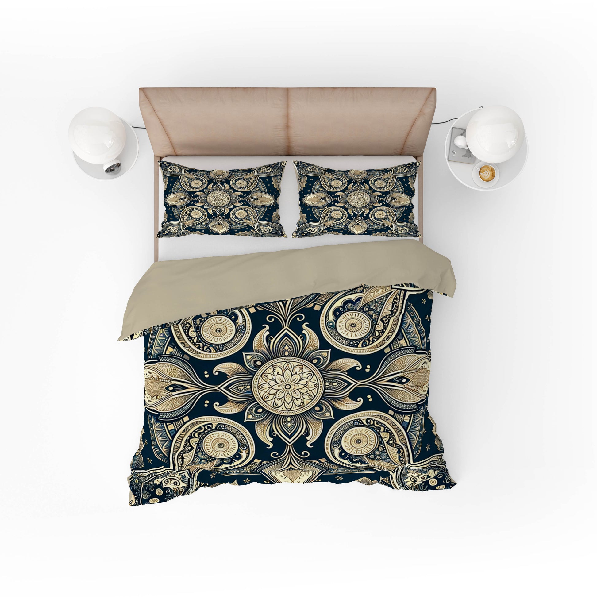 Blue Gold Paisley Floral Mandala Quilt Cover Set - Adore India