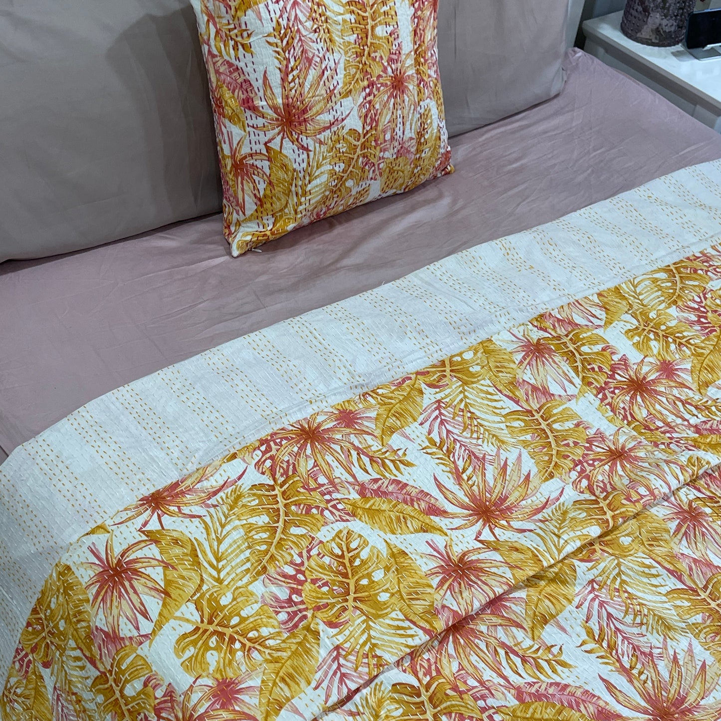 Topical Mustard Indian Handmade Reversible Cotton Kantha Quilt - Adore India