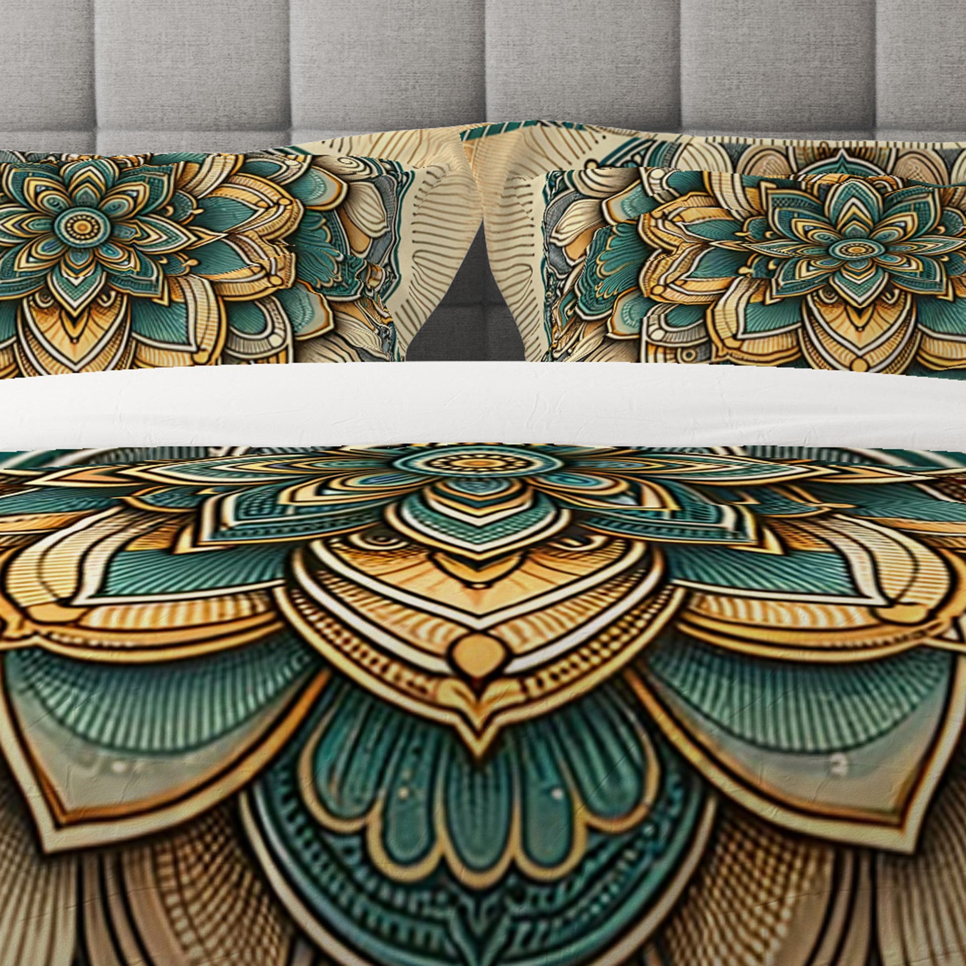 Golden Floral Indian Mandala Reversible Quilt Cover Duvet Cover Set - Adore India