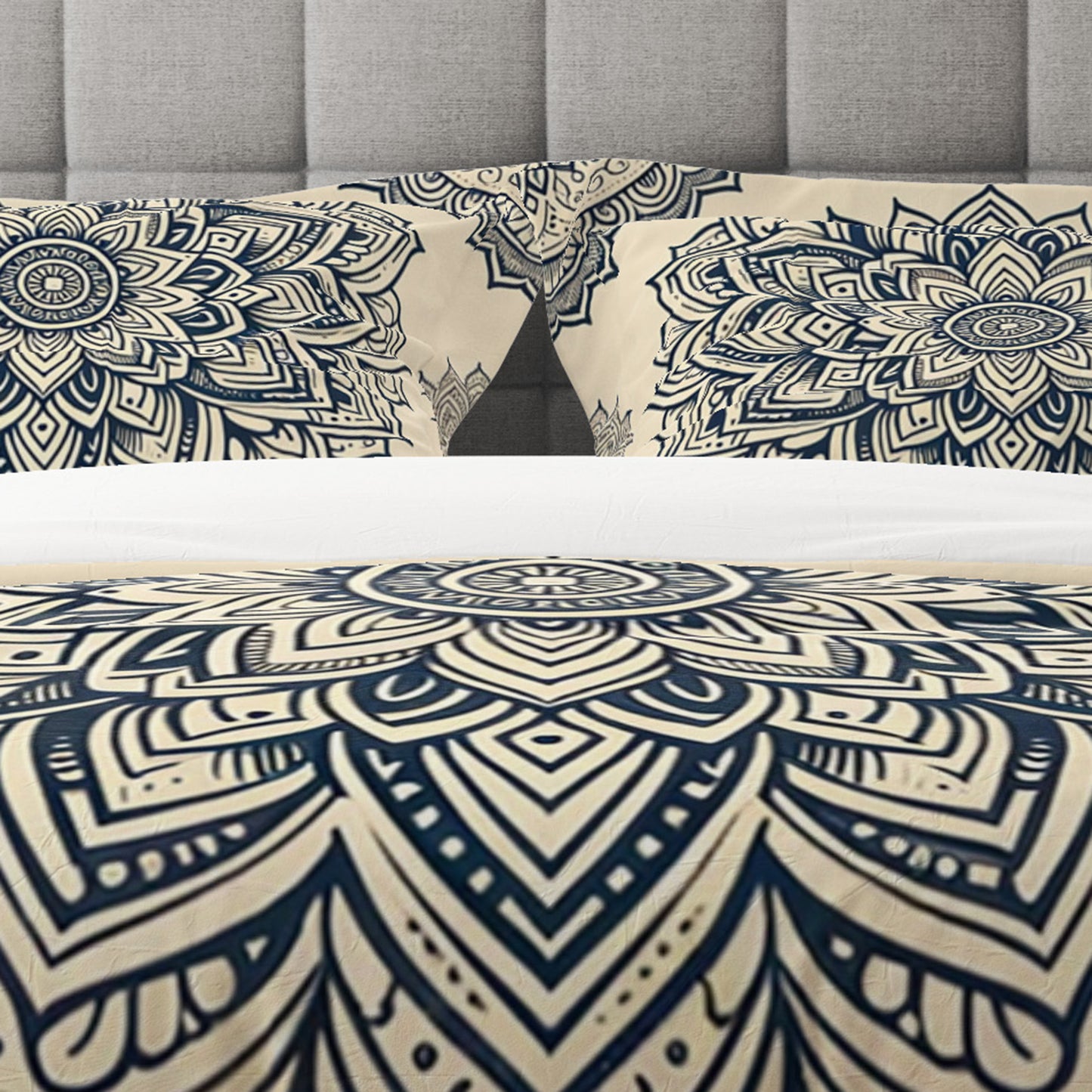 Beige Floral Indian Mandala Reversible Quilt Cover Duvet Cover Set - Adore India