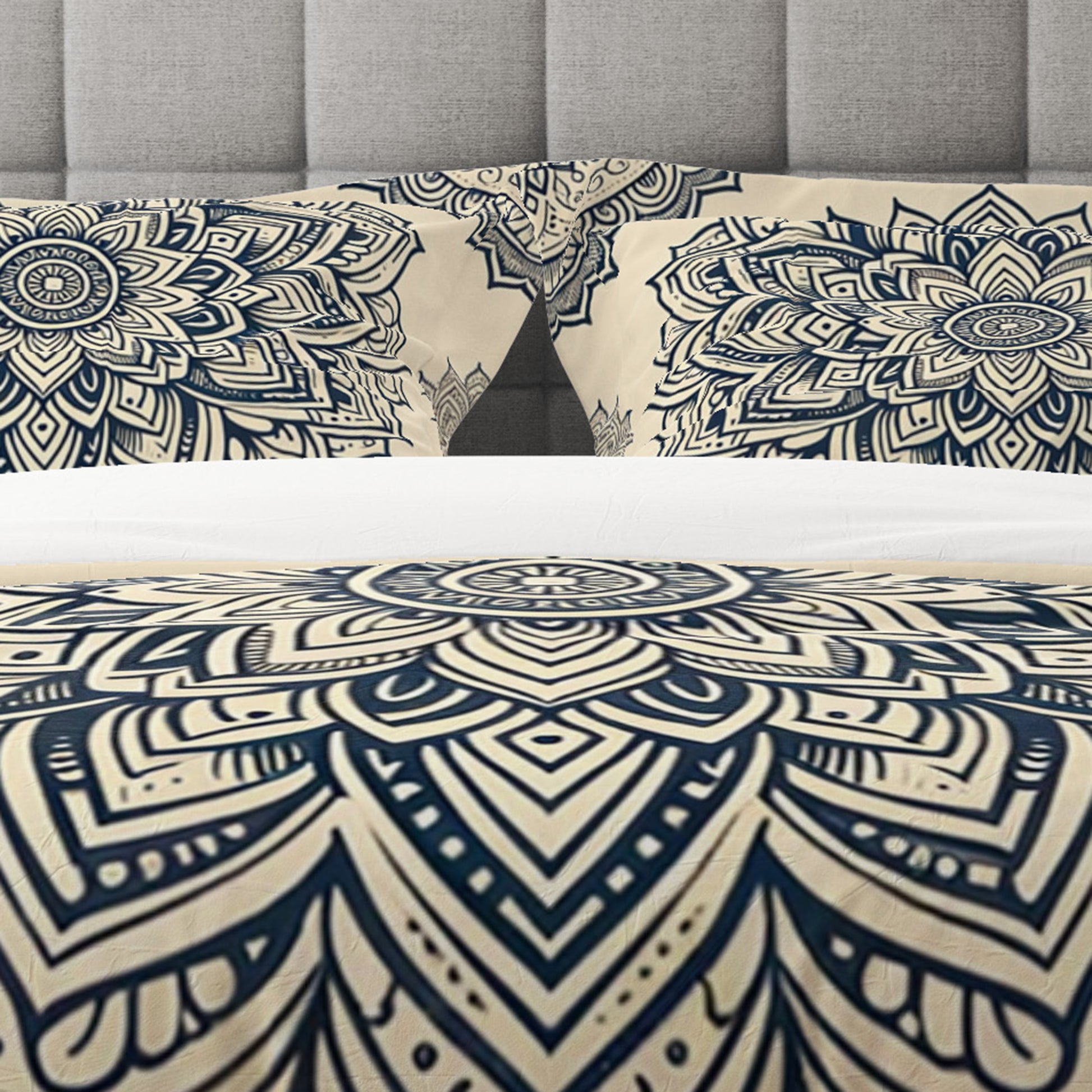 Beige Floral Indian Mandala Reversible Quilt Cover Duvet Cover Set - Adore India