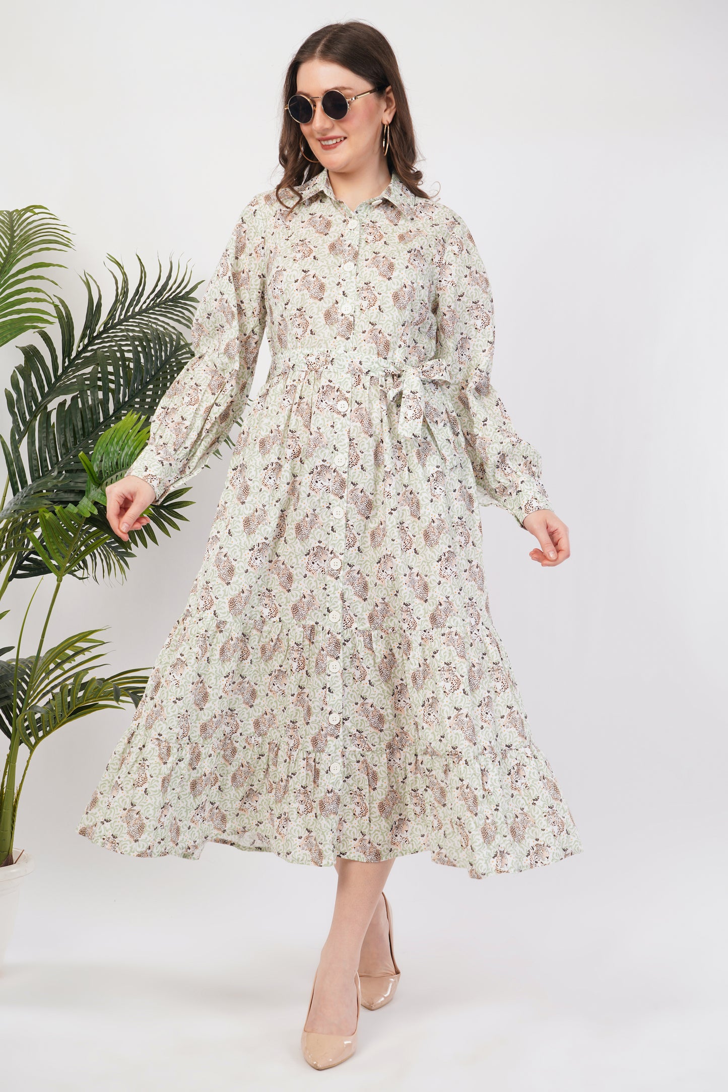 Clara Sage Green Tiger Printed Long Cotton Maxi Shirt Long Sleeve Dress