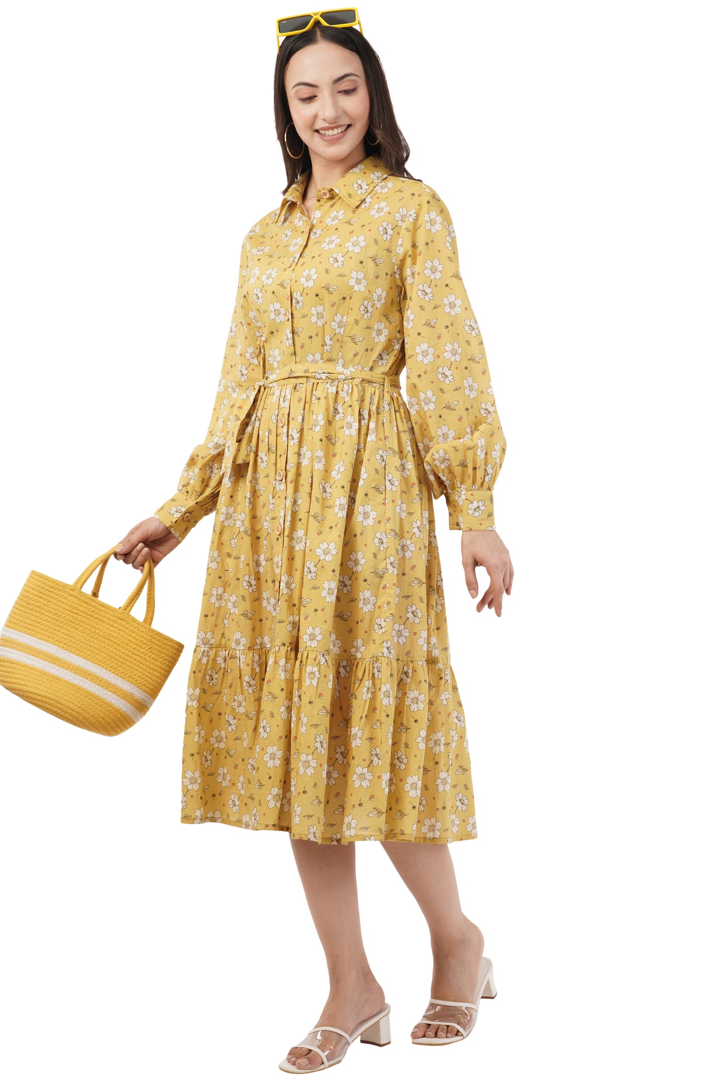 Dorothy Cotton Yellow Bohemian Long Sleeve Midi Shirt Dress