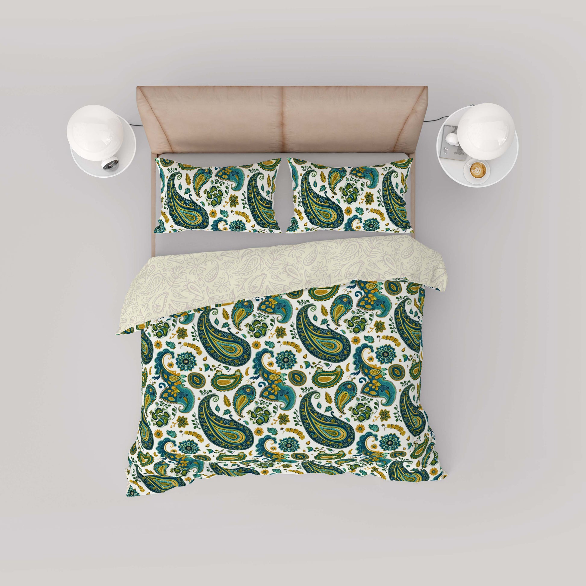 Vintage Teal Floral Paisley Cotton Reversible Quilt Cover Set - Adore India