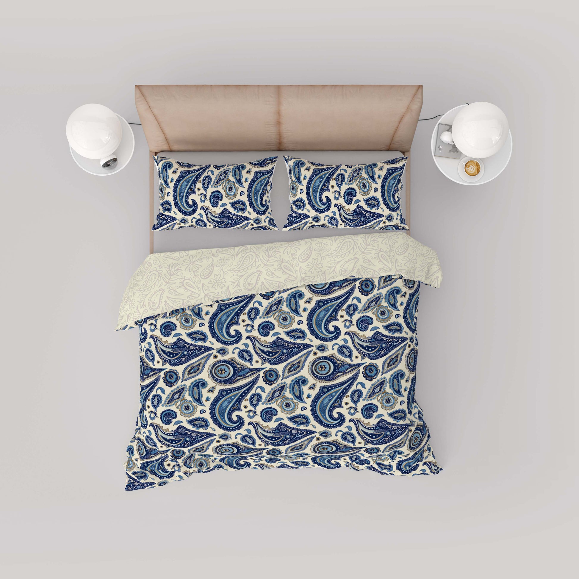 Vintage Blue Floral Paisley Cotton Reversible Quilt Cover Set - Adore India