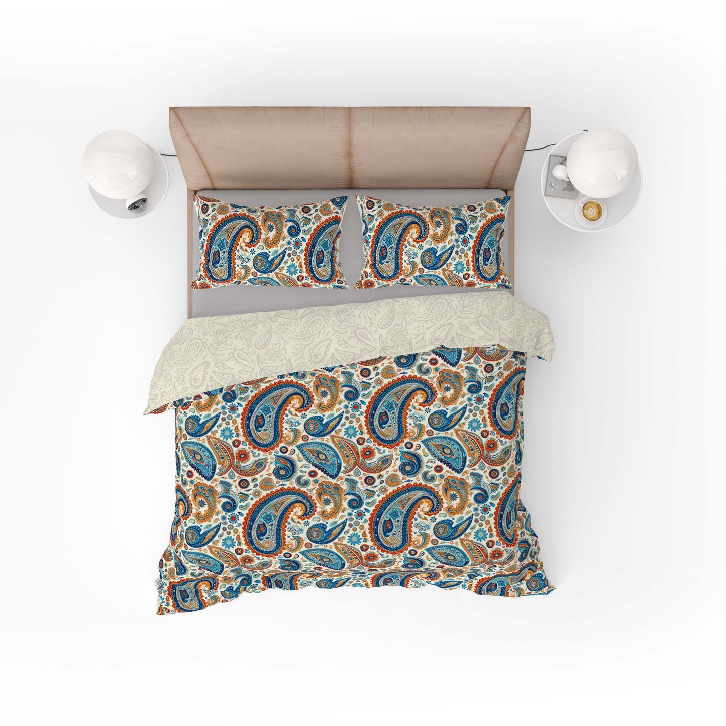Vintage Orange Blue Floral Paisley Cotton Reversible Quilt Cover Set - Adore India