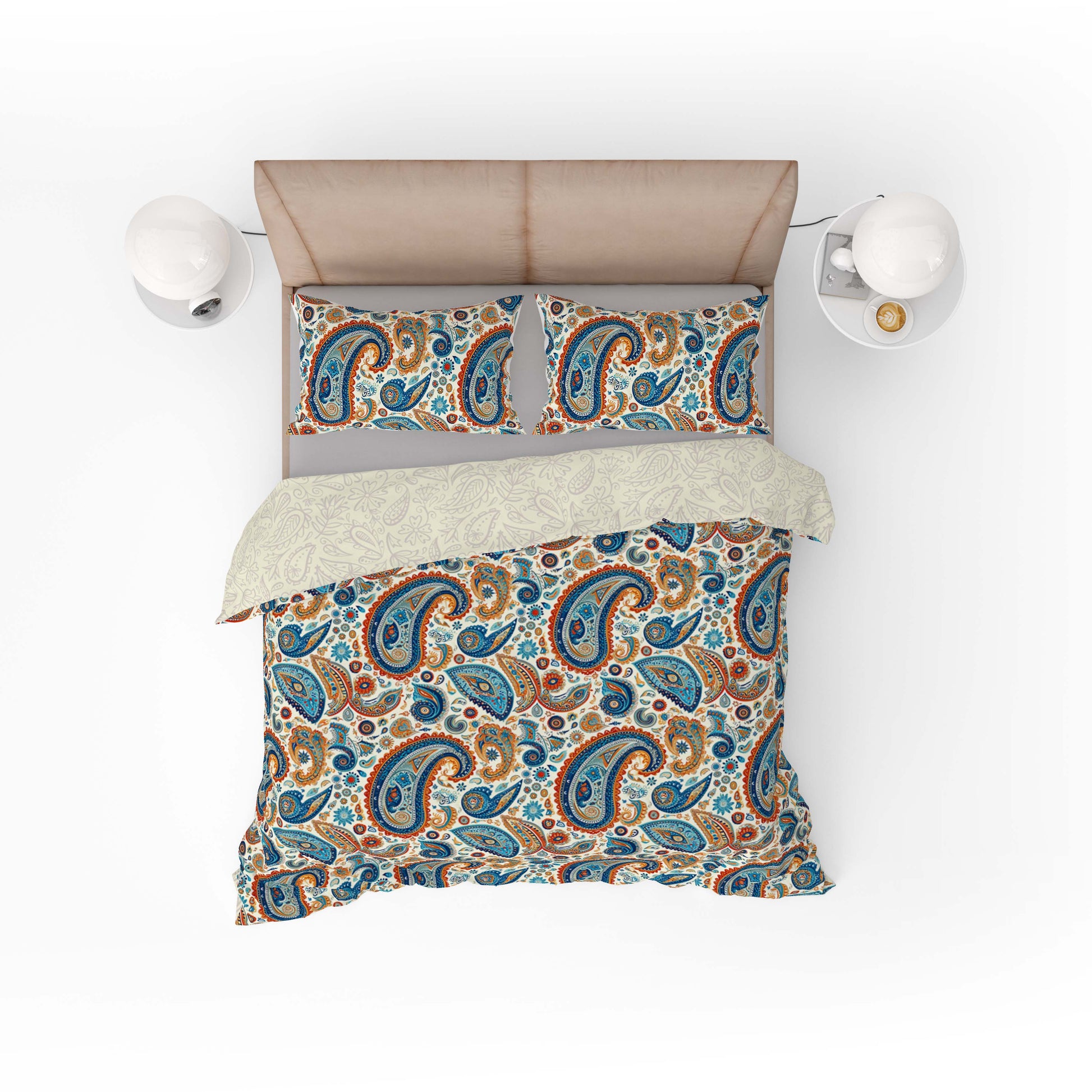 Vintage Orange Blue Floral Paisley Cotton Reversible Quilt Cover Set - Adore India