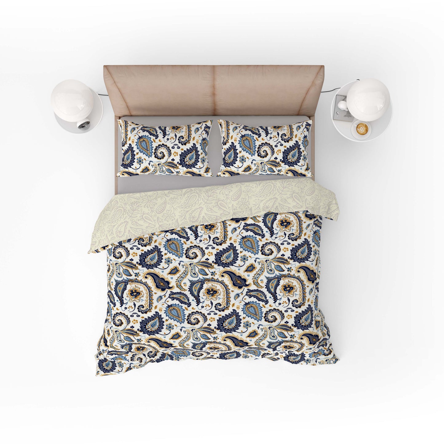 Vintage Beige Blue Floral Paisley Cotton Reversible Quilt Cover Set - Adore India