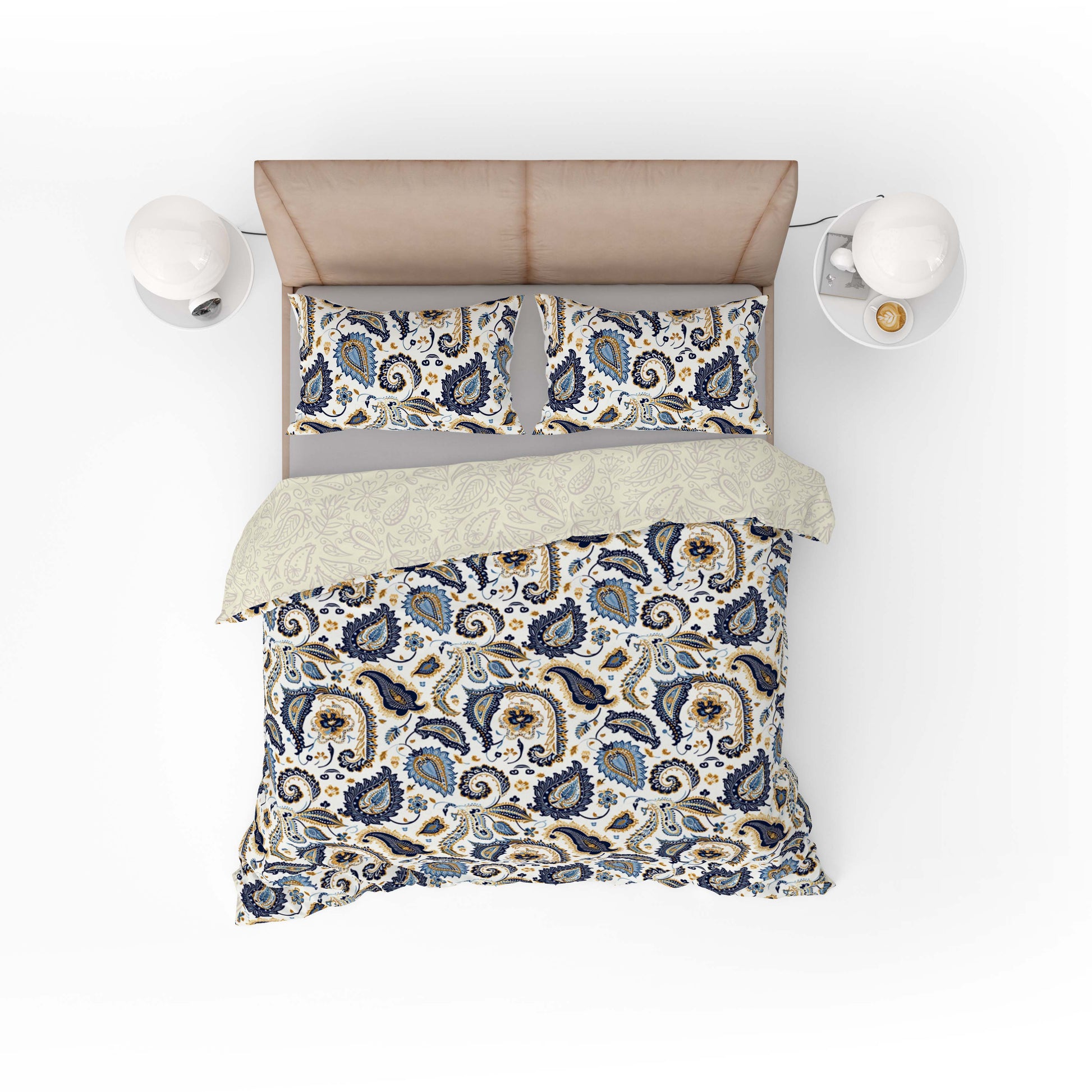 Vintage Beige Blue Floral Paisley Cotton Reversible Quilt Cover Set - Adore India