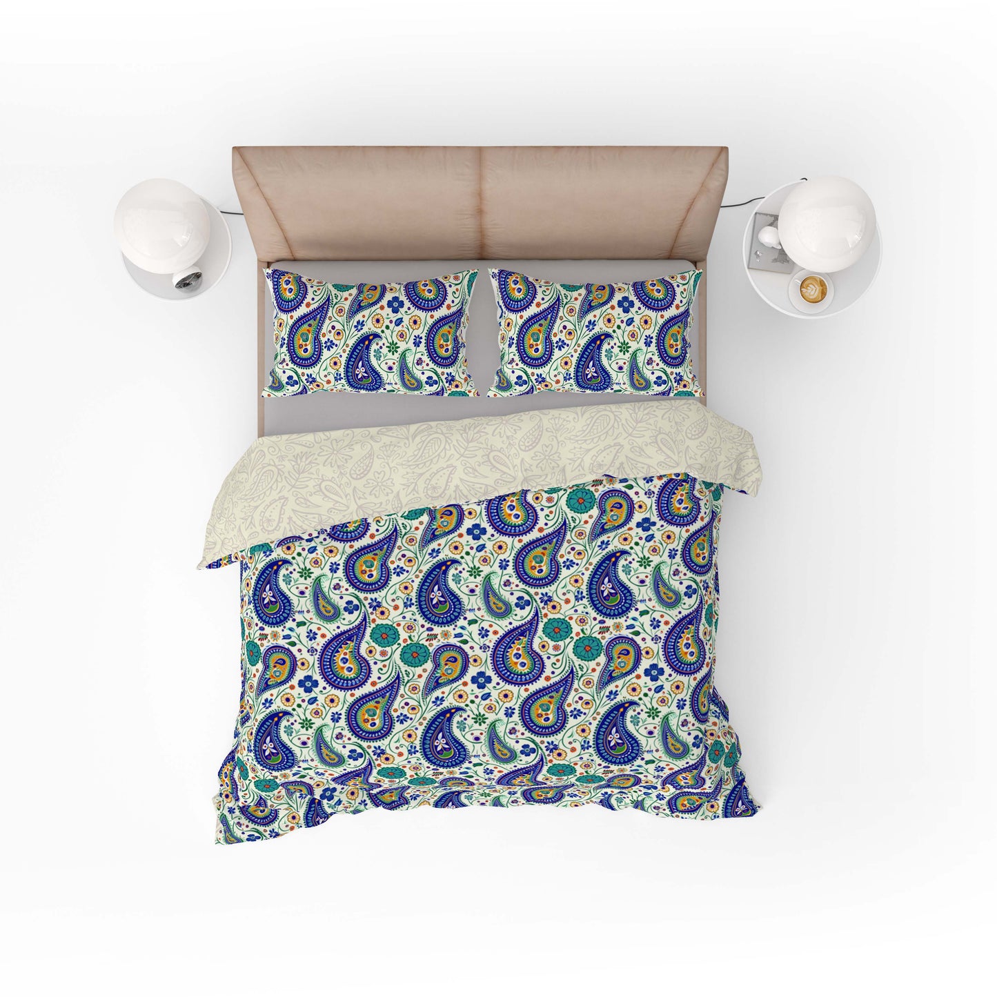 Vintage Green Blue Floral Paisley Cotton Reversible Quilt Cover Set - Adore India