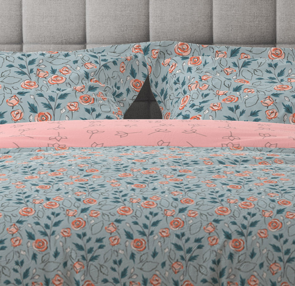 Bohemian Watercolour Sage Pink Floral Cotton Reversible Quilt Cover Set