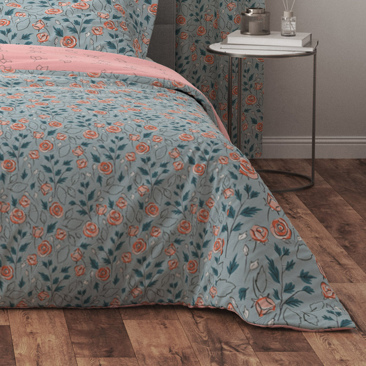 Bohemian Watercolour Sage Pink Floral Cotton Reversible Quilt Cover Set - Adore India