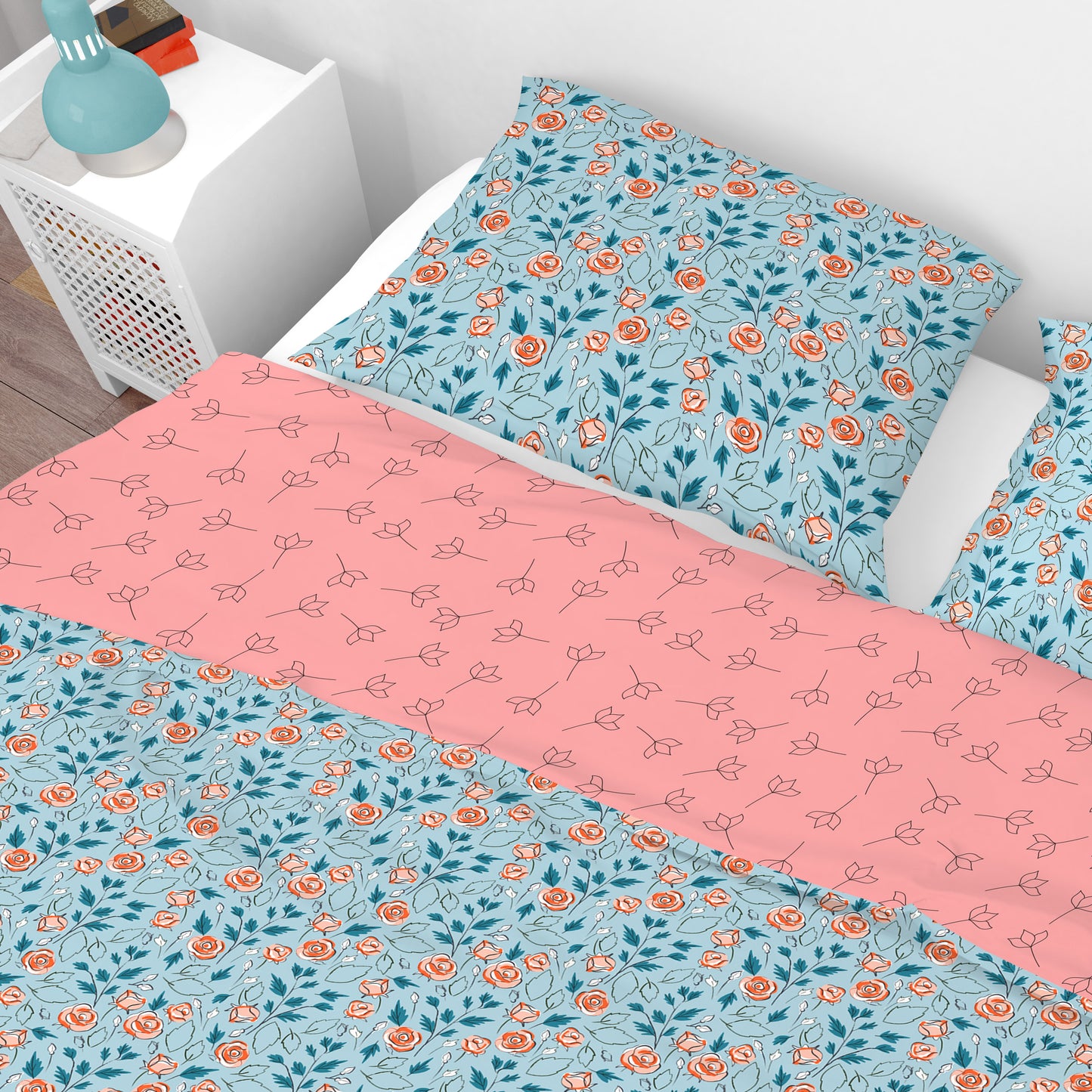 Bohemian Watercolour Sage Pink Floral Cotton Reversible Quilt Cover Set - Adore India