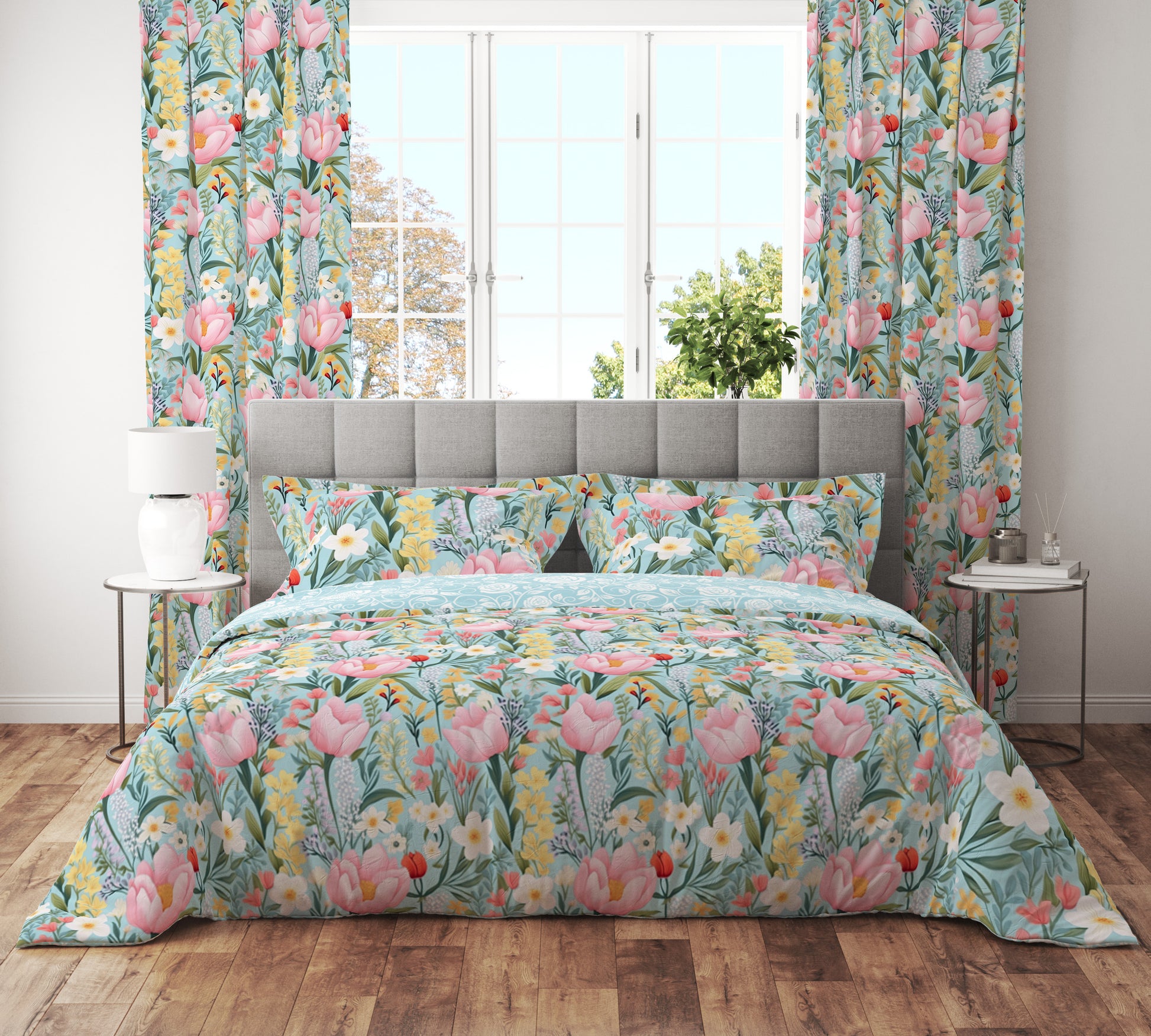 Bohemian Turquoise Pink Rose Floral Cotton Reversible Quilt Cover Set - Adore India