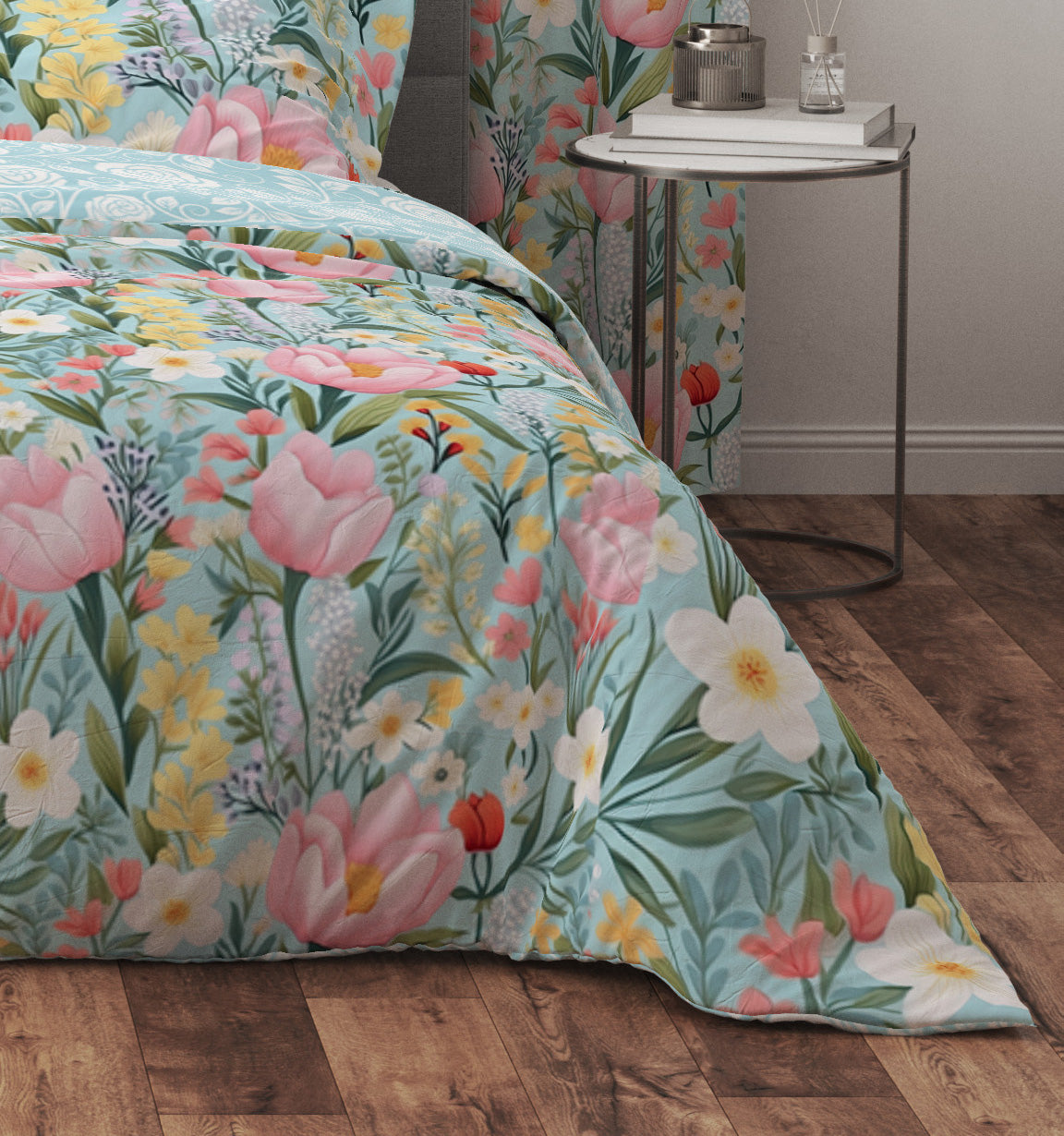 Bohemian Turquoise Pink Rose Floral Cotton Reversible Quilt Cover Set - Adore India