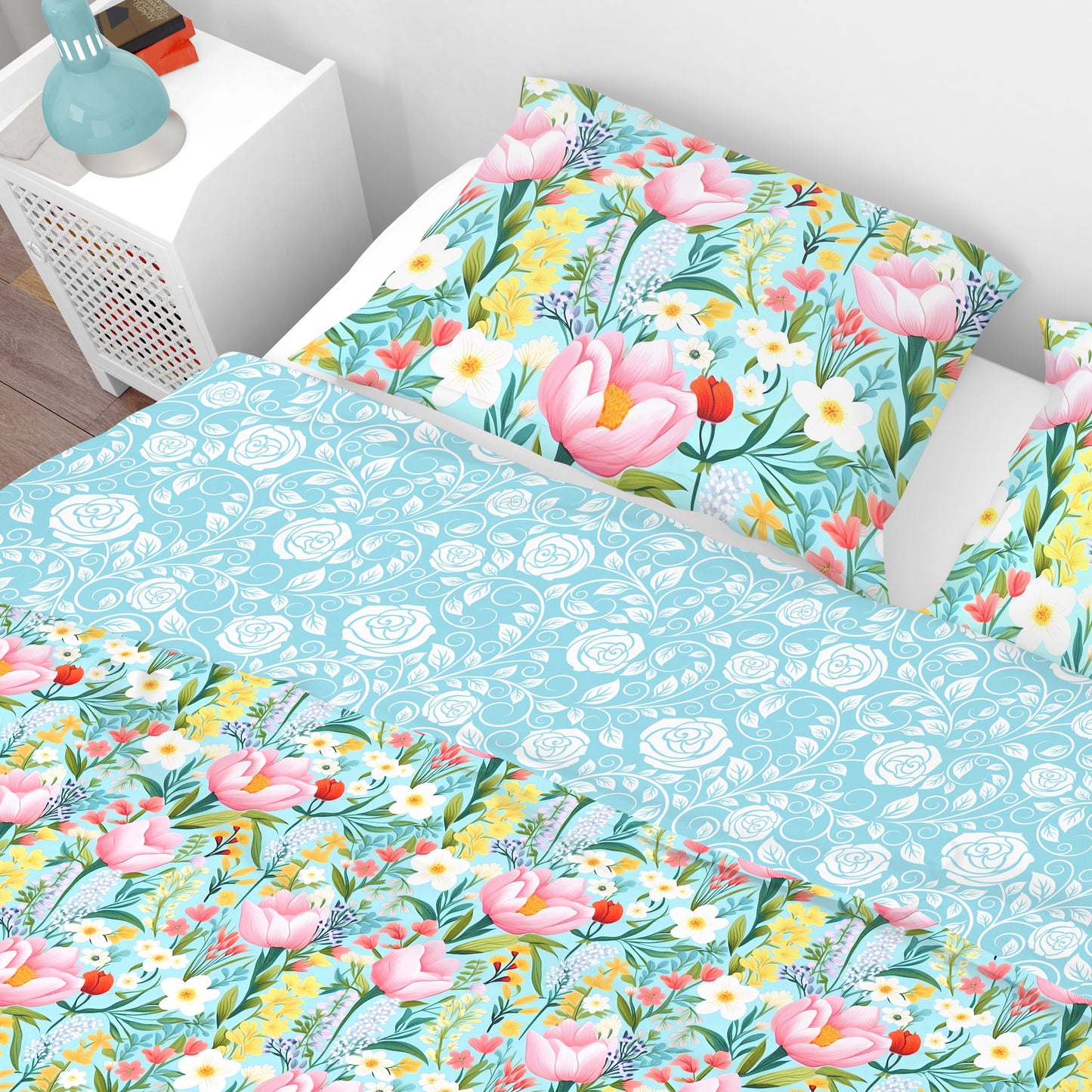 Bohemian Turquoise Pink Rose Floral Cotton Reversible Quilt Cover Set - Adore India