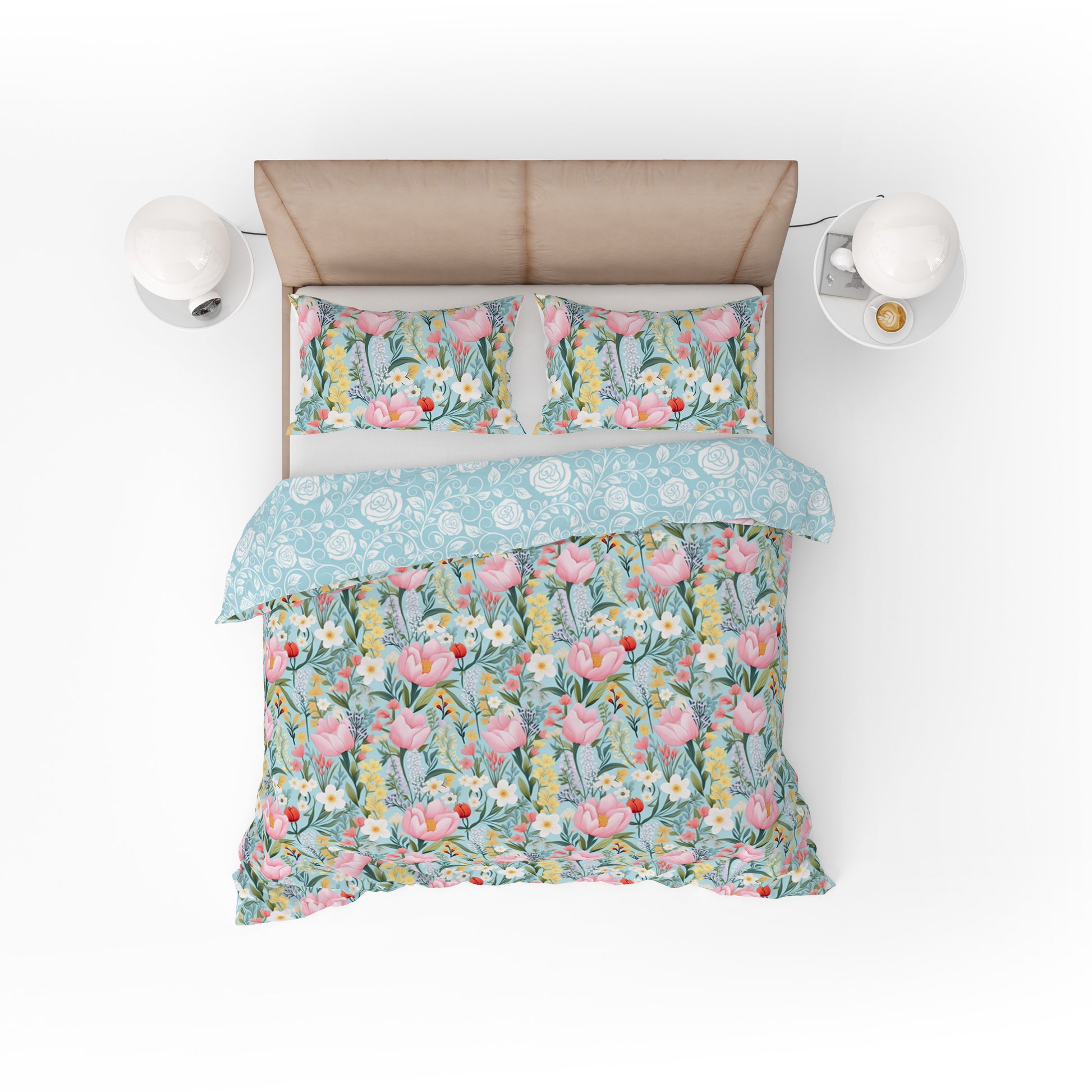 Bohemian Turquoise Pink Rose Floral Cotton Reversible Quilt Cover Set - Adore India