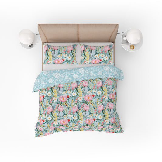 Bohemian Turquoise Pink Rose Floral Cotton Reversible Quilt Cover Set