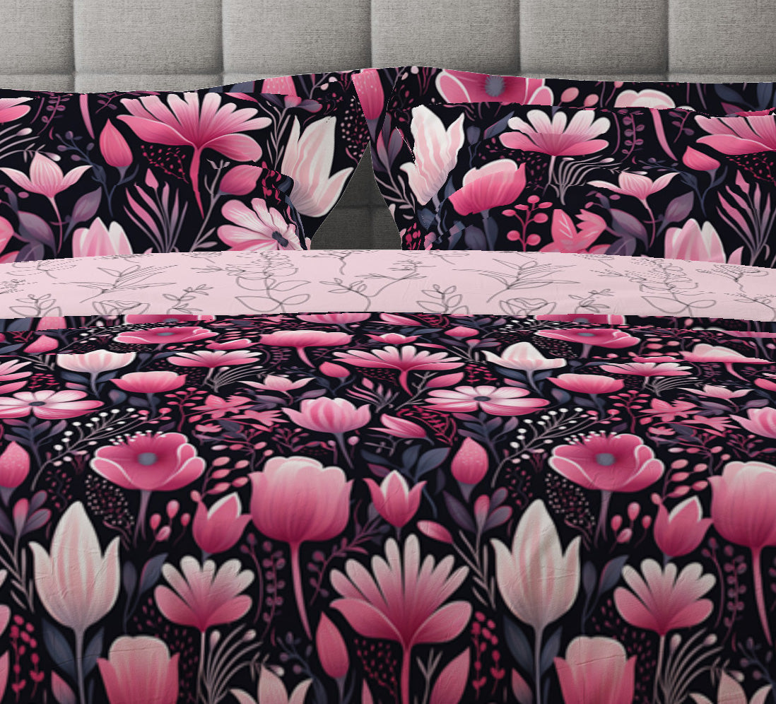 Fantasy Rose Floral Pink Cotton Reversible Quilt Cover Set - Adore India