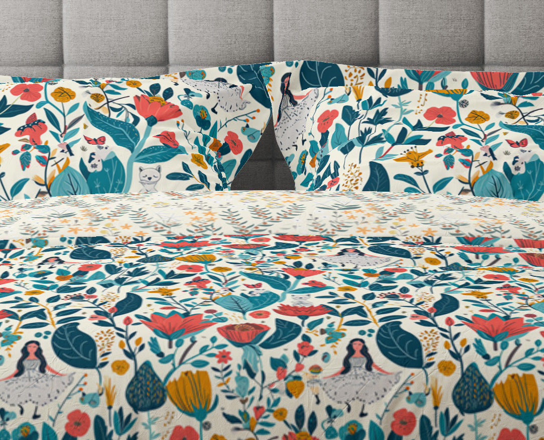 Fantasy World Wild Floral Red Cotton Reversible Quilt Cover Set - Adore India