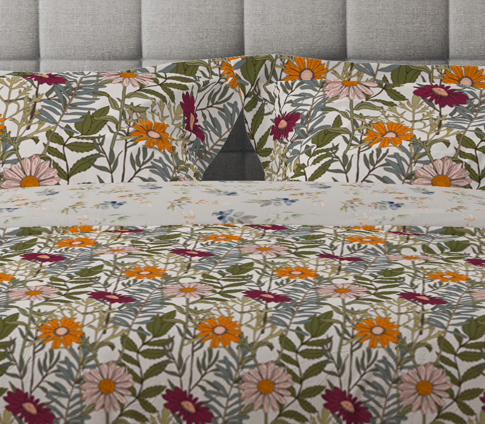 Bohemian Olive Daisy Floral Red Cotton Reversible Quilt Cover Set