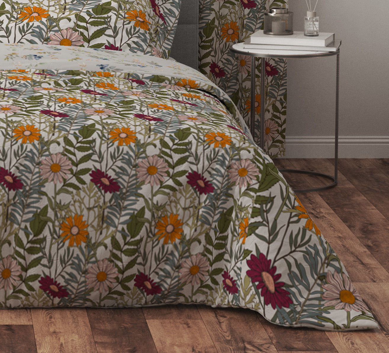 Bohemian Olive Daisy Floral Red Cotton Reversible Quilt Cover Set - Adore India
