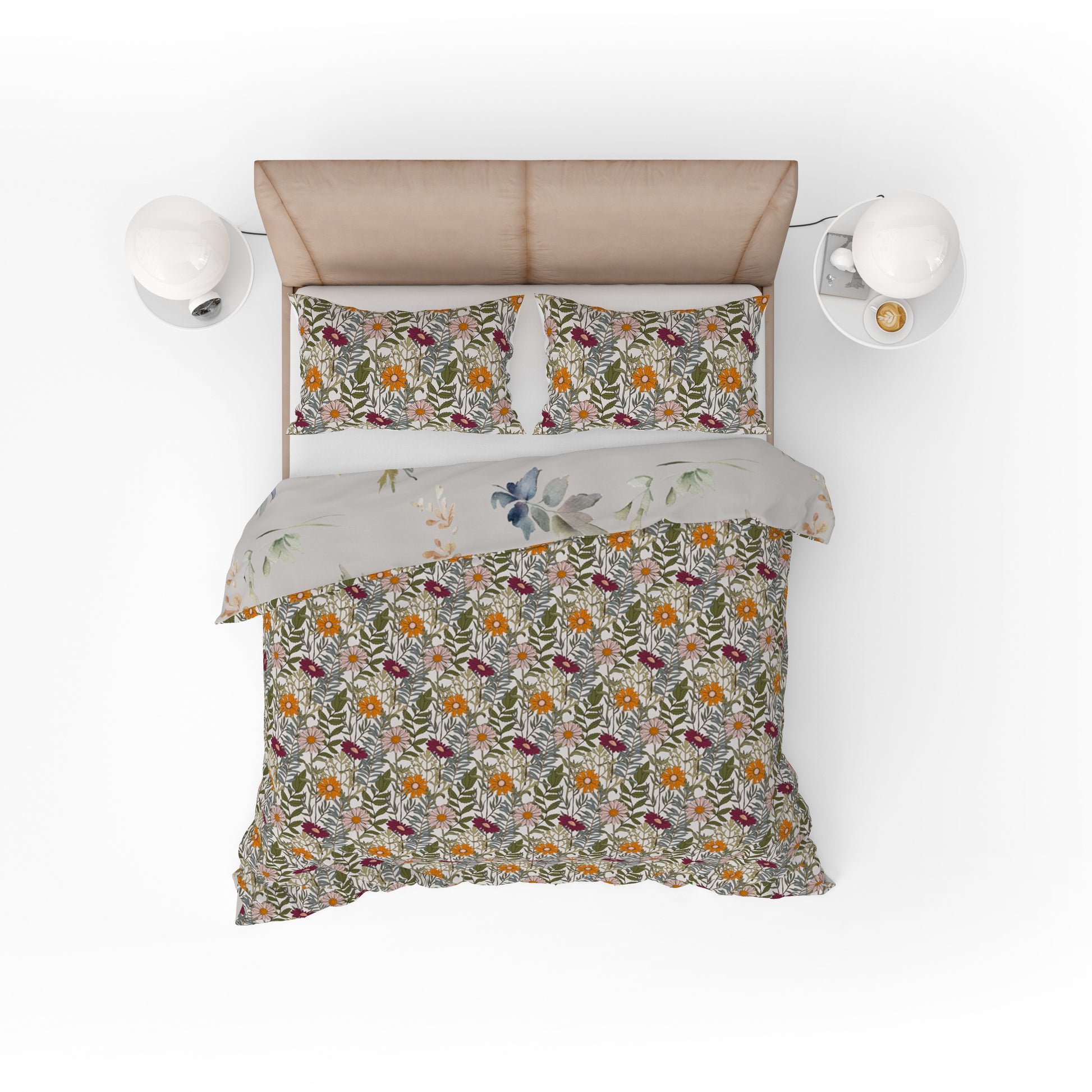 Bohemian Olive Daisy Floral Red Cotton Reversible Quilt Cover Set - Adore India