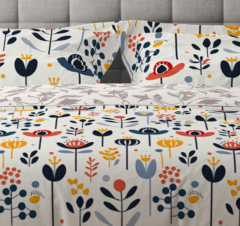 Bohemian Multicoloured Scandinavian Floral Red Cotton Reversible Quilt Cover Set - Adore India