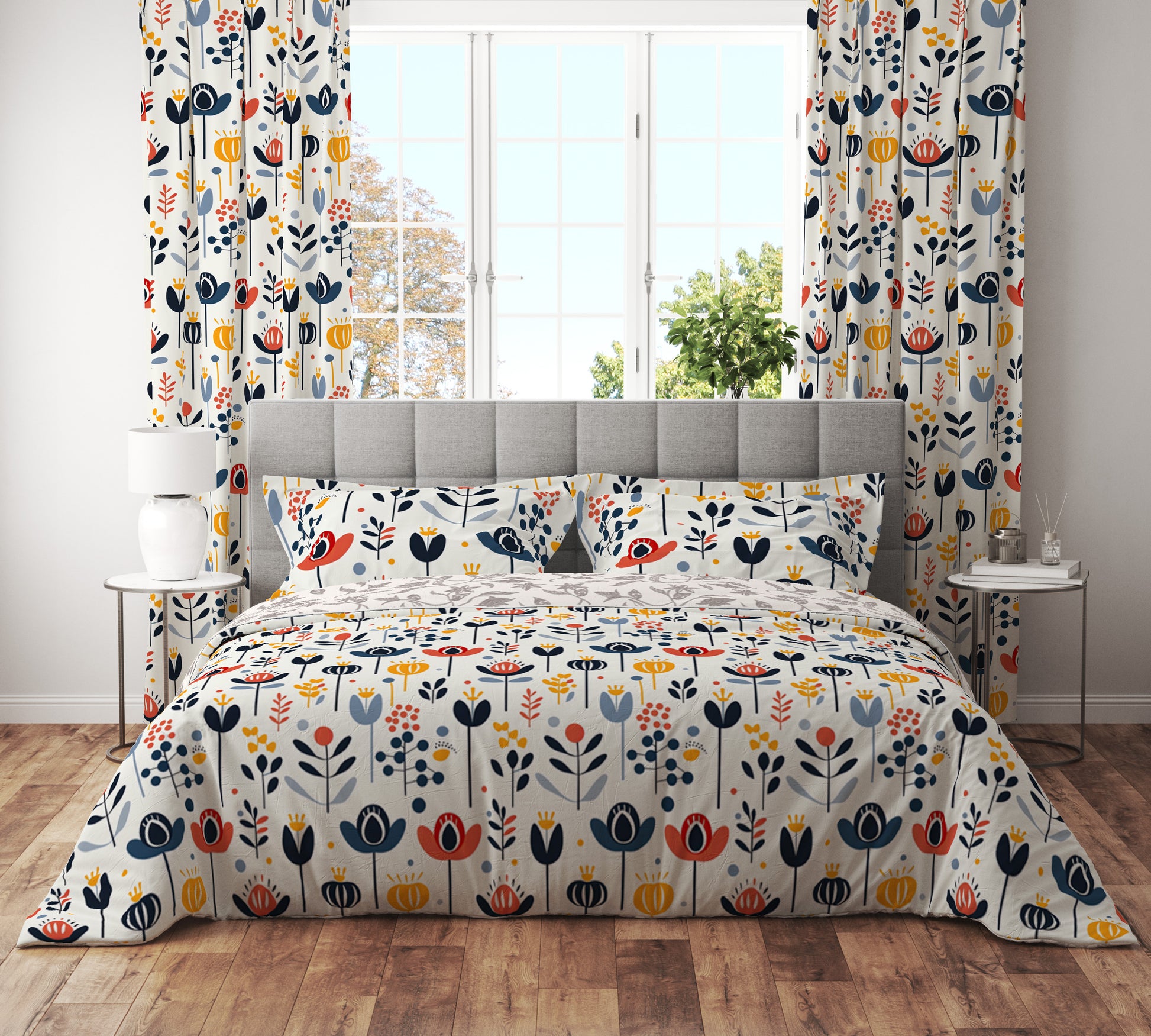 Bohemian Multicoloured Scandinavian Floral Red Cotton Reversible Quilt Cover Set - Adore India