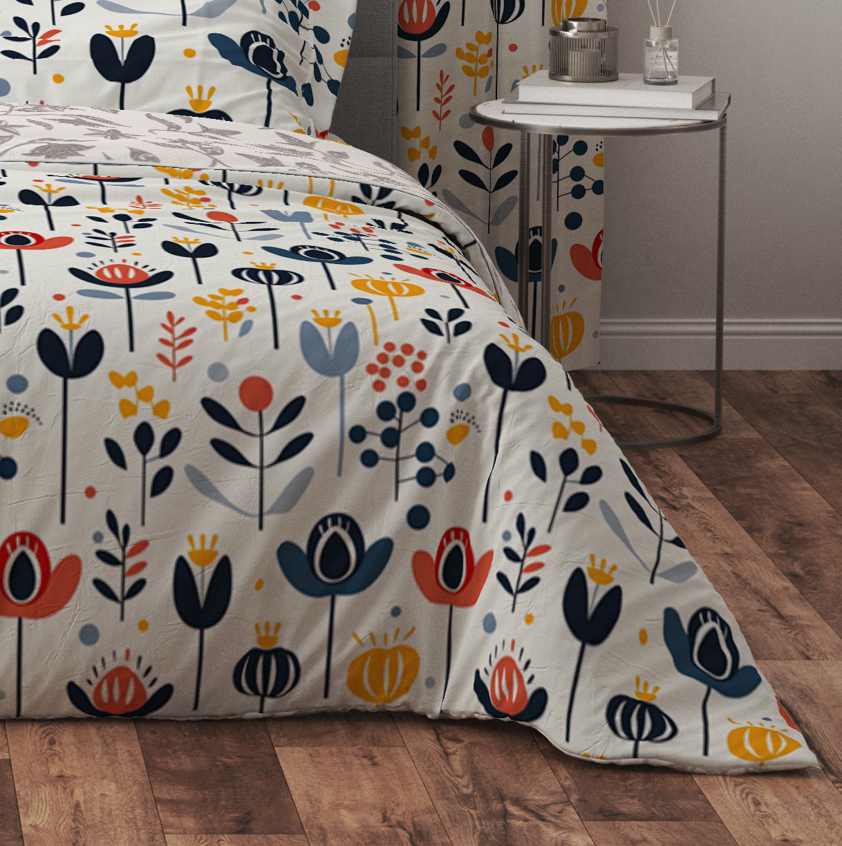 Bohemian Multicoloured Scandinavian Floral Red Cotton Reversible Quilt Cover Set - Adore India